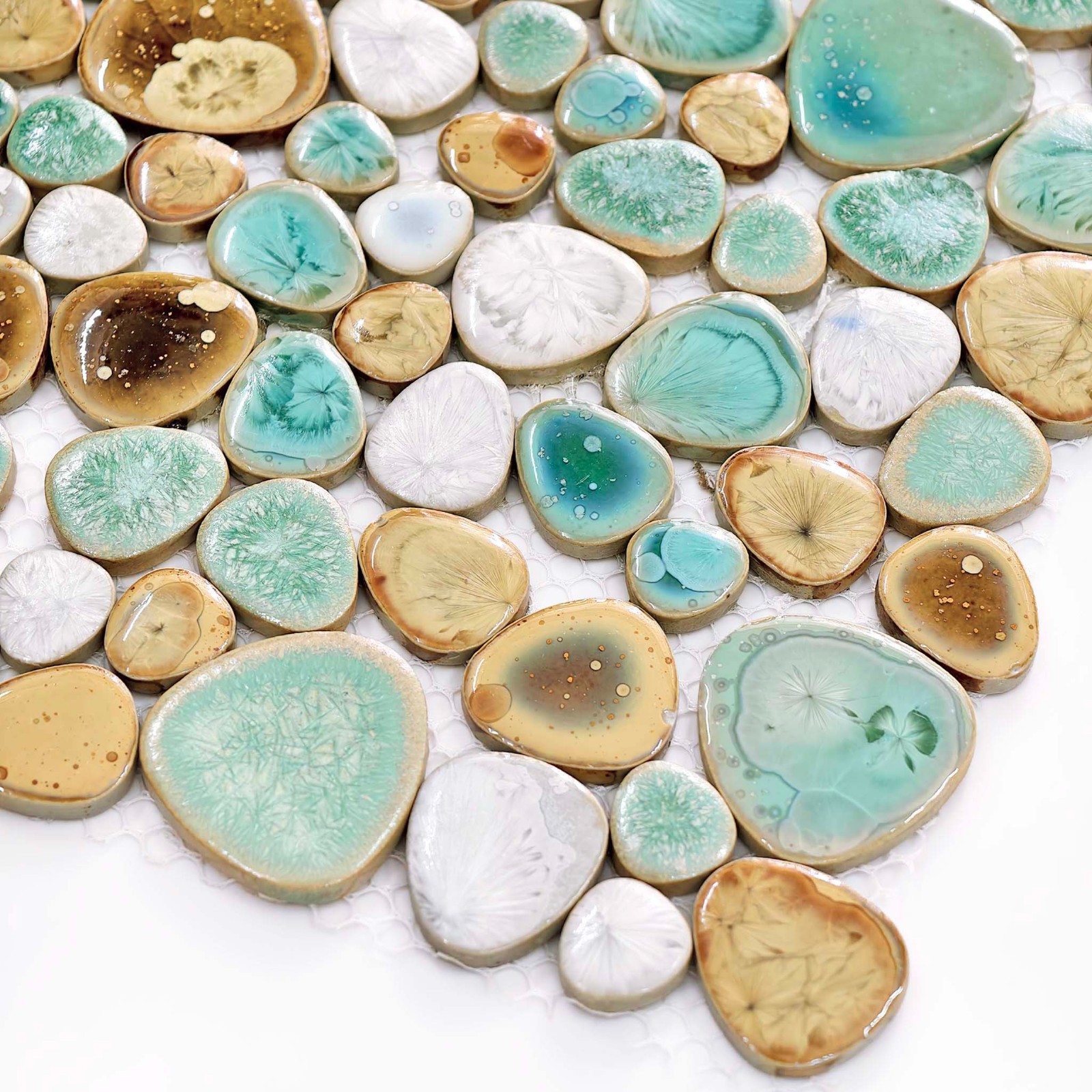 Ceramic Pebble Mosaic Tile Aqua Beige White Glossy Wall Backsplash Bathroom