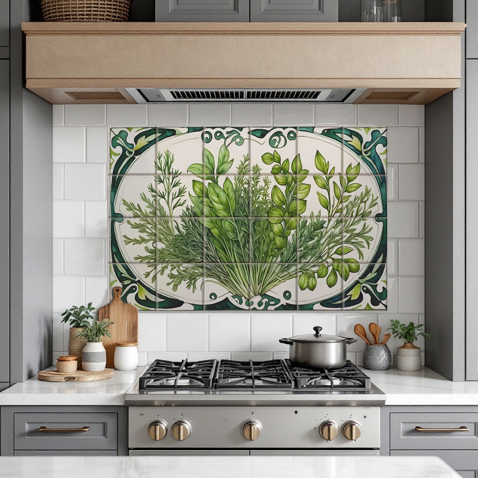 Green Herbs Backsplash Tiles, Botanical Accent for Kitchen Spaces, Herbs Tiles