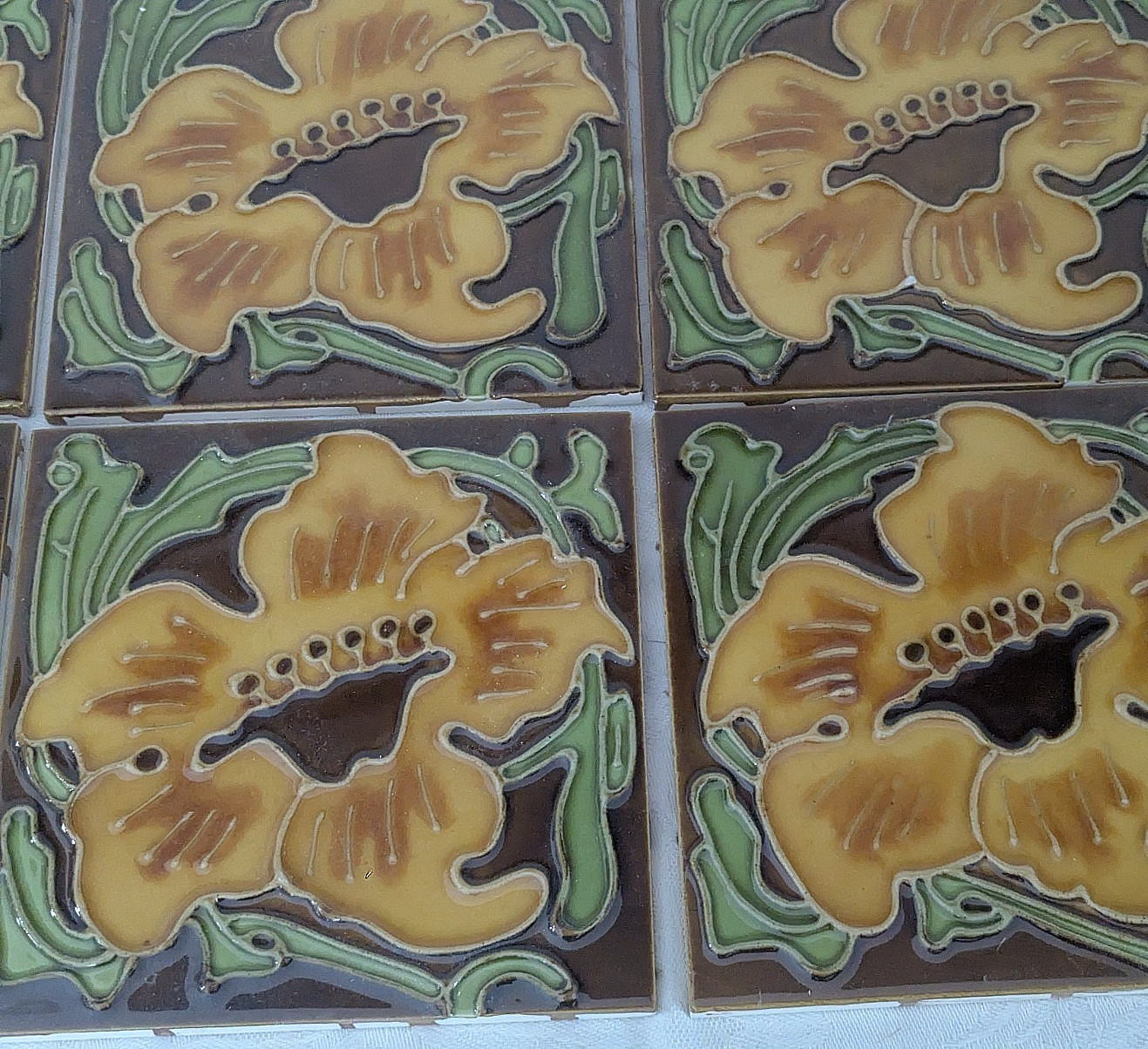 Set of 4 Glazed Ceramic 6″ Square Flower Tiles Art Nouveau Style