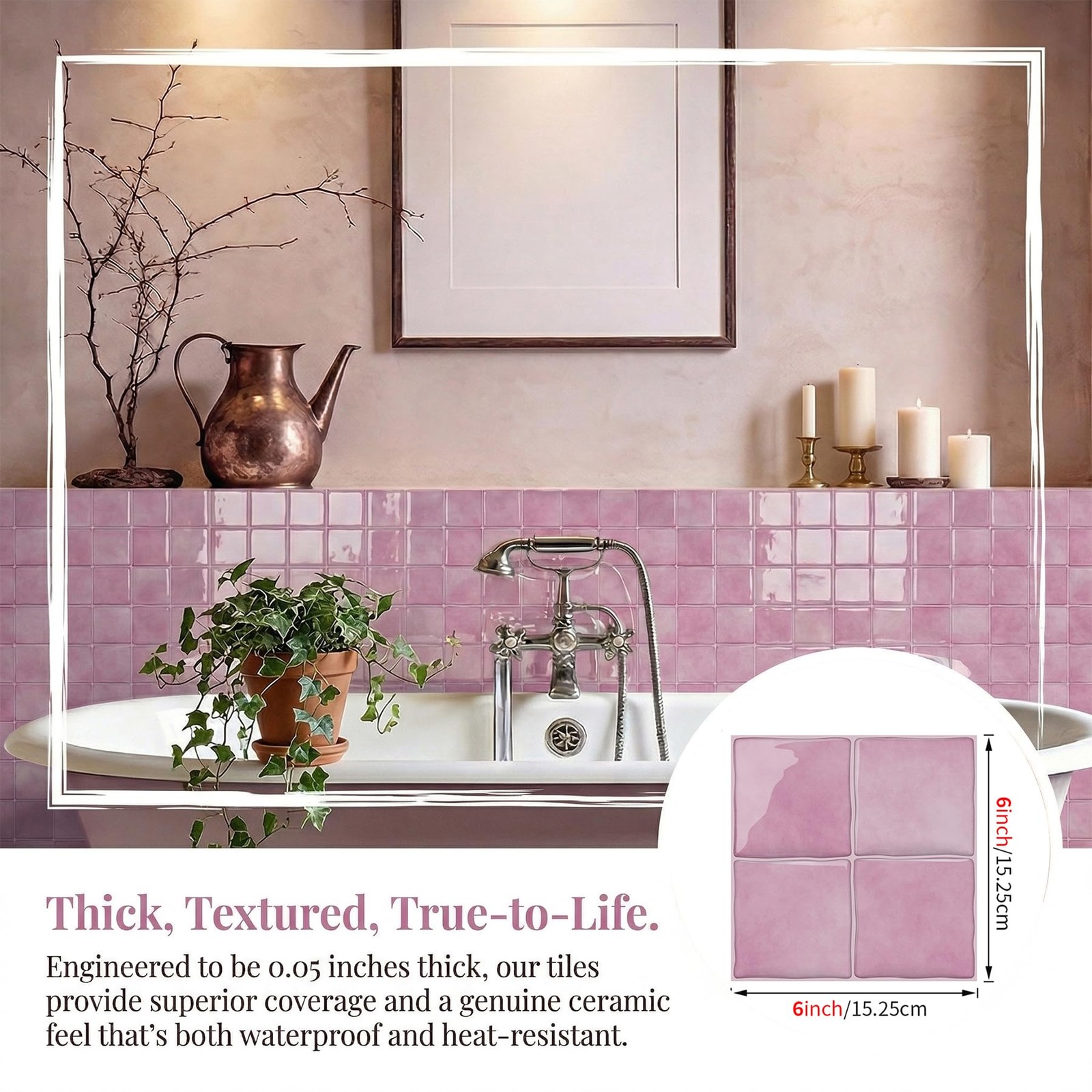 Blush Pink 4 Sheets 6×6 Inch Peel and Stick Subway Tile Backsplash, Self Adhe…