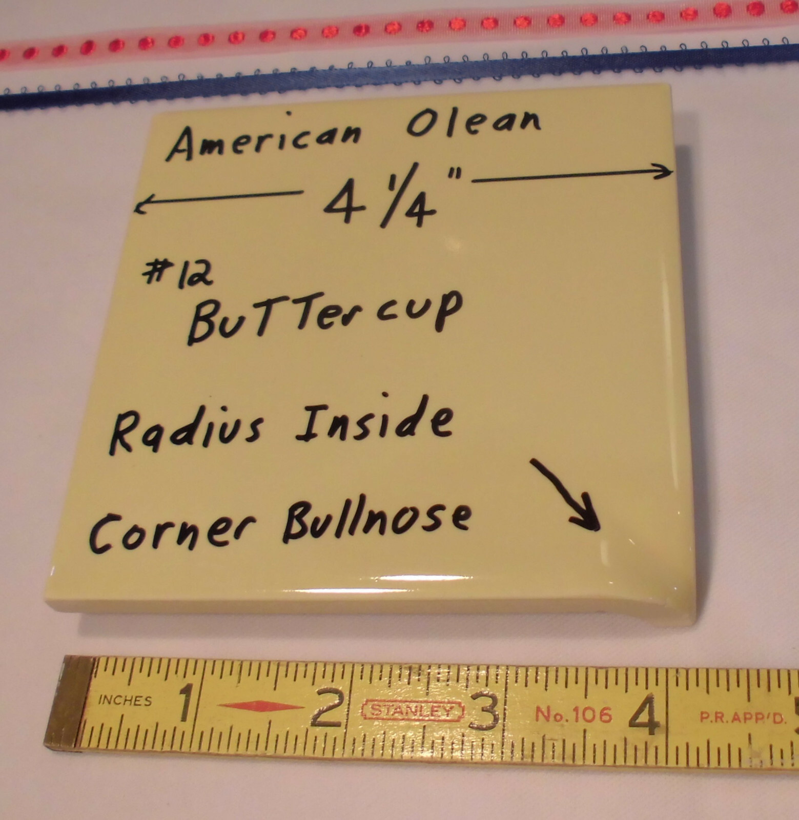 Buttercup Yellow; Glossy Radius Inside Corner Bullnose Ceramic Tile 4-1/4″ A.O.