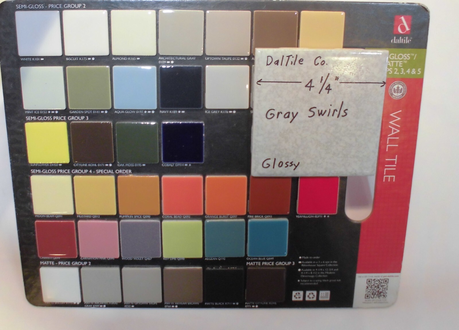 1 pc. Gray Swirls on White Background; Glossy Ceramic Tile; by Daltile 4-1/4″