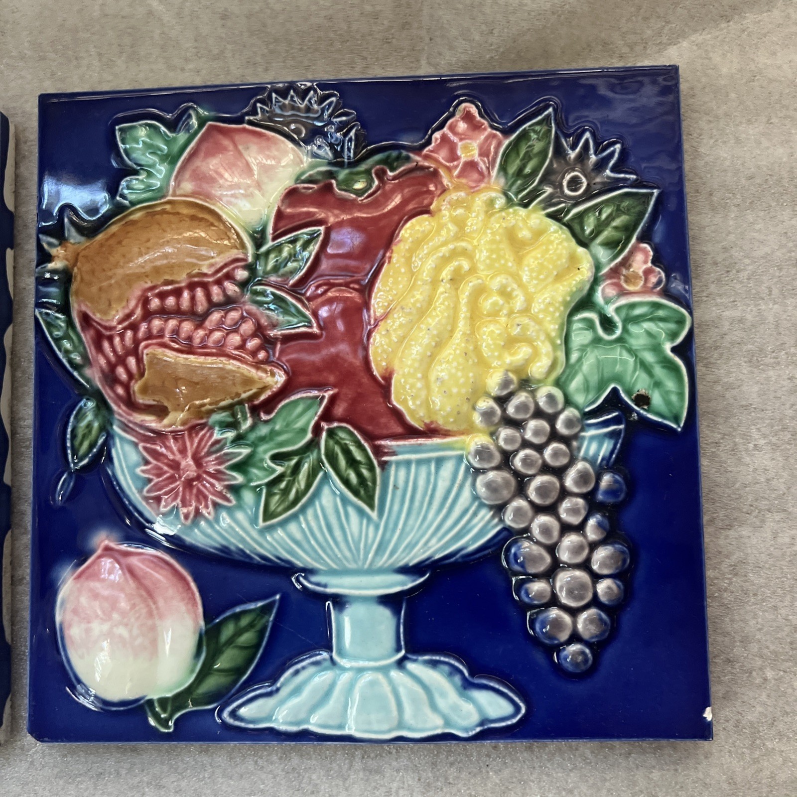 Pair Antique Japanese Danto DK Majolica Relief Tiles Fruit Basket Blue Cobalt 6”