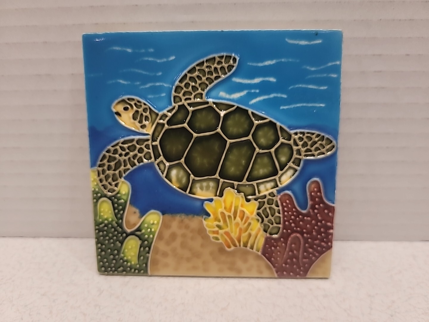 Sea Turtle Swimming in Coral Seaweed Coastal 4” X 4” Square Ceramic Tile Scene