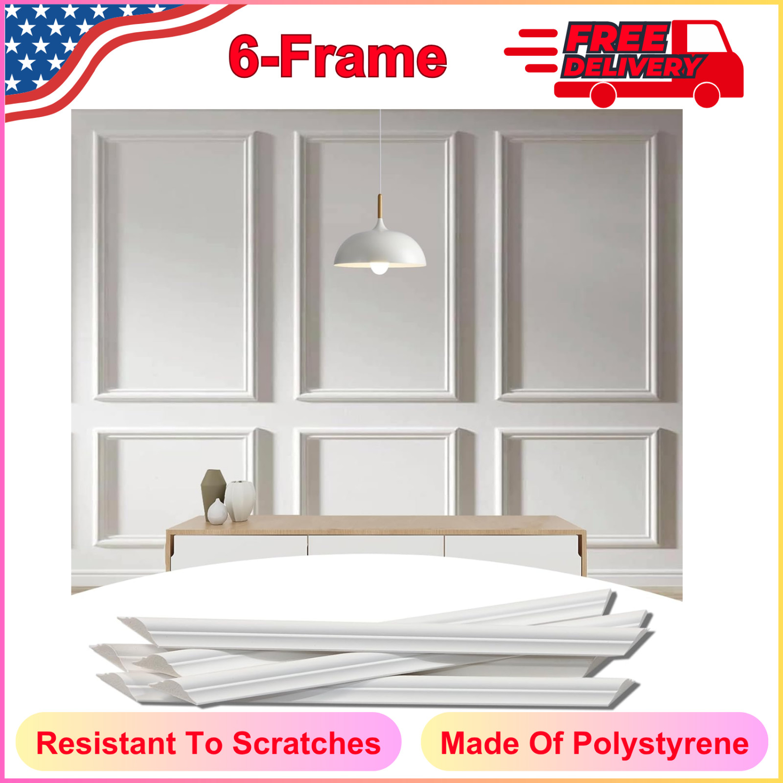 6-Frame Premade Accent Wall Molding Kit – Ready-to-Assemble Wainscoting Panels