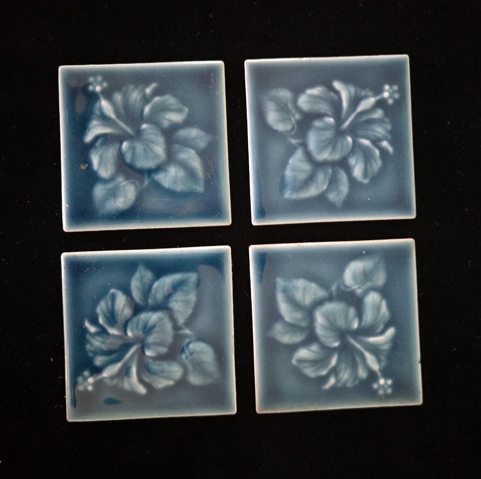 VTG Lot Raised Relief Tiles Floral Design Japan 3×3