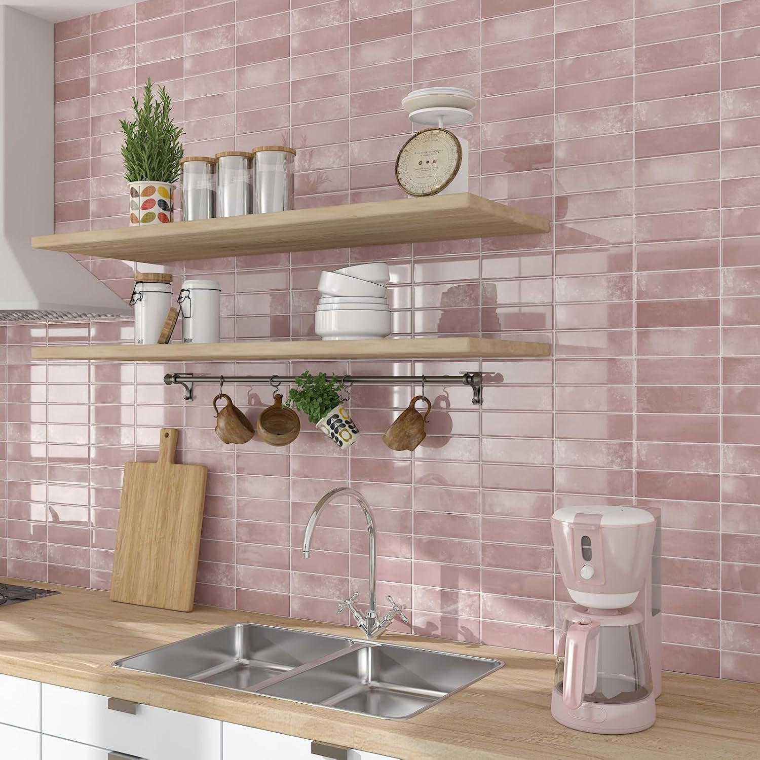 6 Sheets 12″X12″ Pink Subway Peel and Stick Backsplash Tiles Heat Resistant Wate