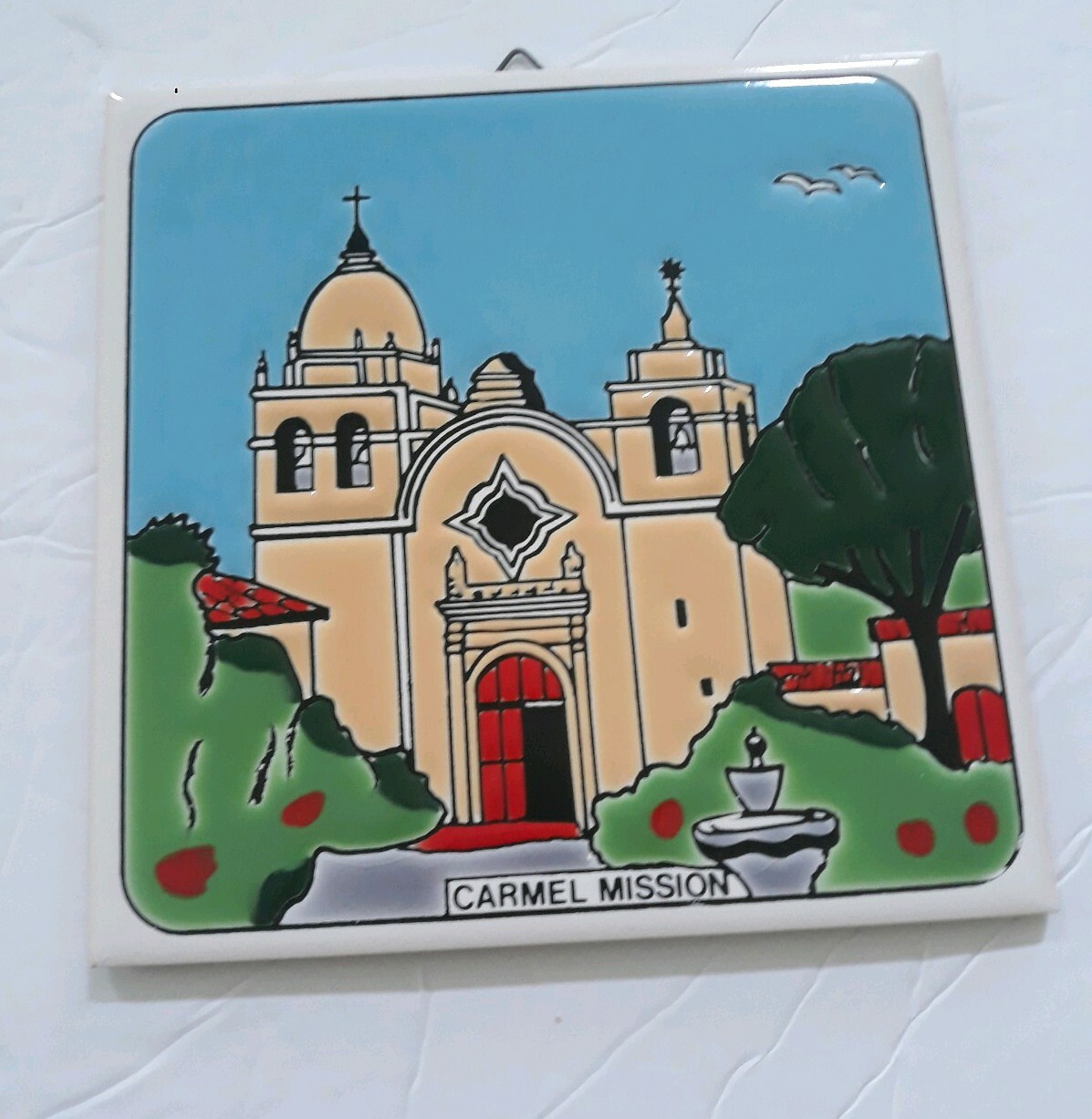 Lot of 3 Art Decorative Ceramic tiles Hibiscus, chili peppers & Carmel Mission