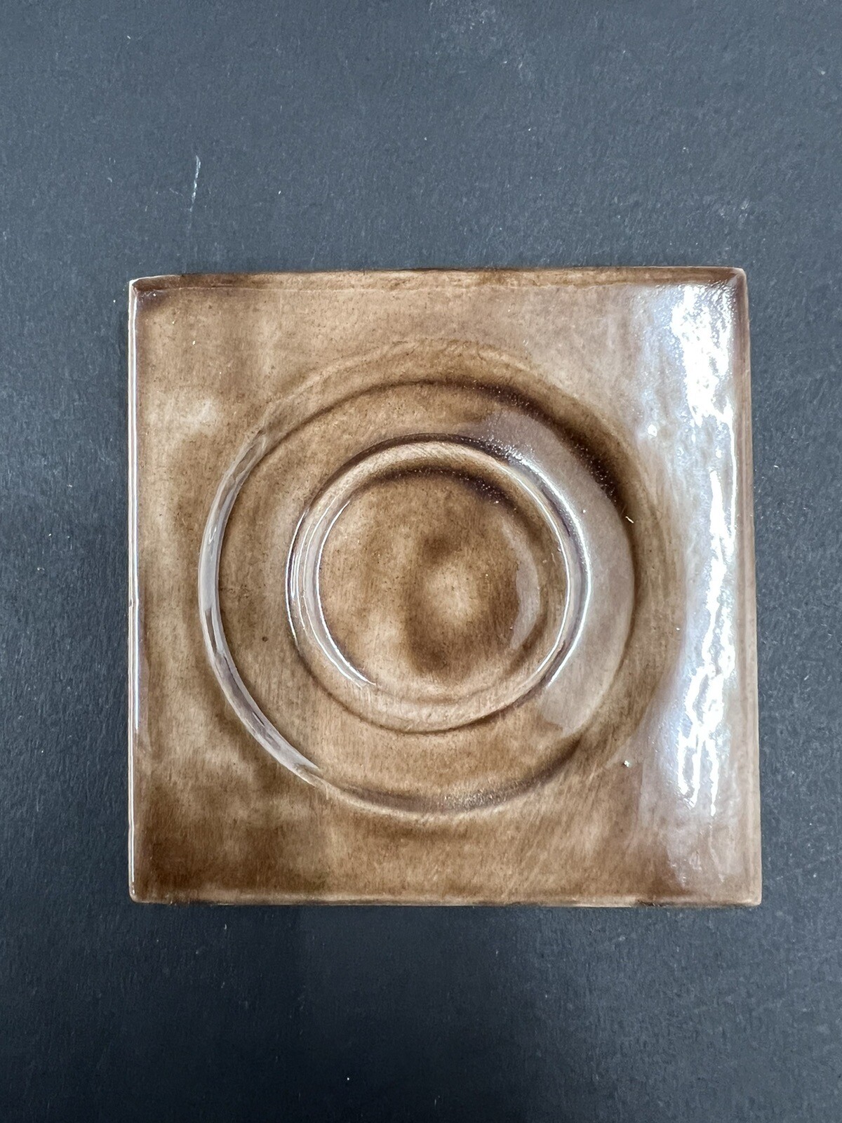 4 – Vintage Brown Ceramic Tile 2 7/8” Square 3/8” Thick Recessed Circles