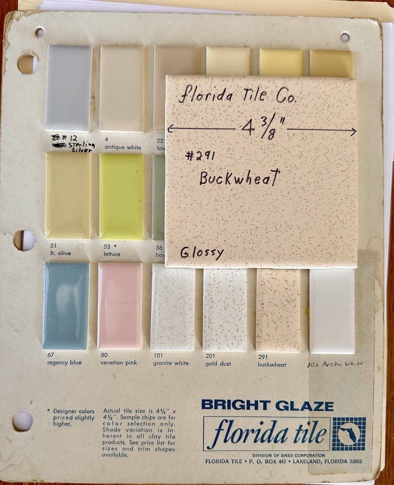 1 pc. Buckwheat 4-3/8″ Glossy Ceramic Tile by Florida Tile Co. NOS, Speckled
