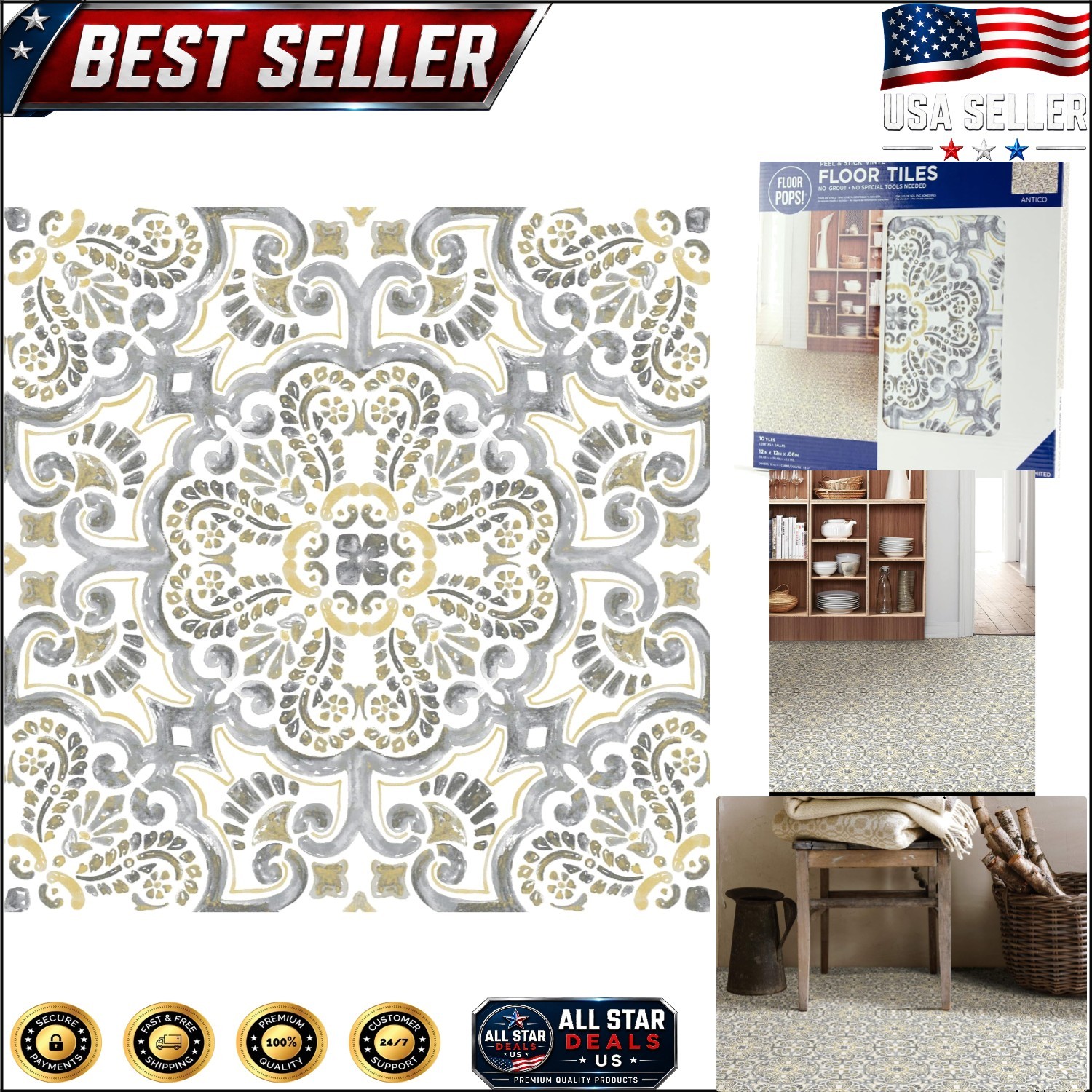 Stylish Grey and Yellow Peel & Stick Tiles, Easy Installation, 10 Sq Ft Coverage