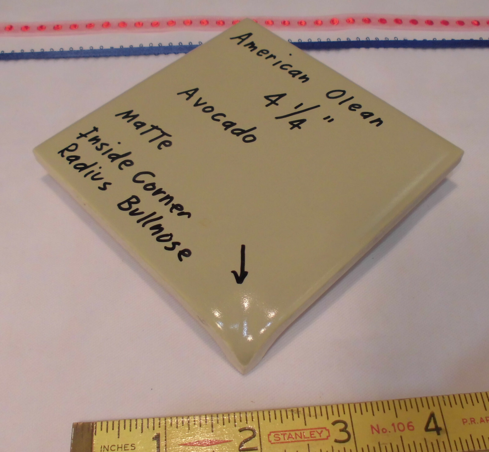 Avocado Green: Matte Radius Inside Corner Bullnose Ceramic Tile 4-1/4″ A.O.