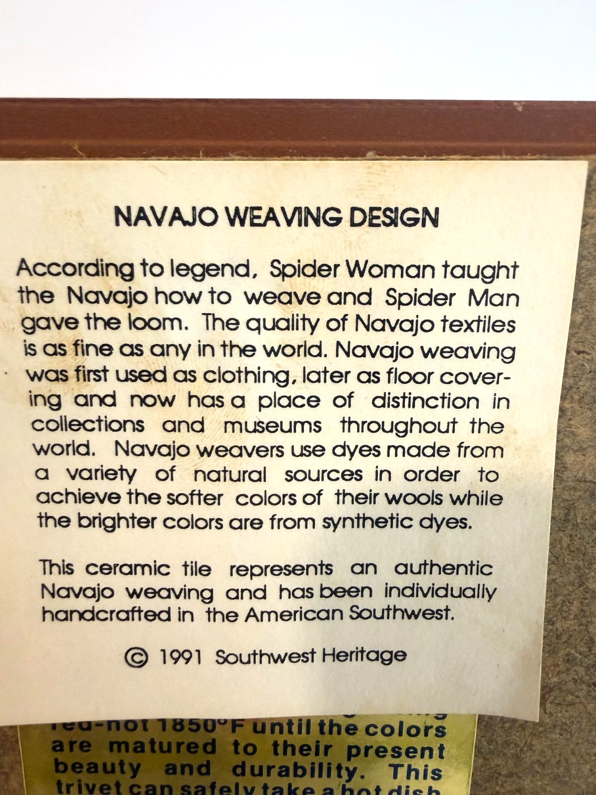 Handcrafted Navajo Weaving Design Ceramic Tile Trivet Southwest Heritage 1991 US
