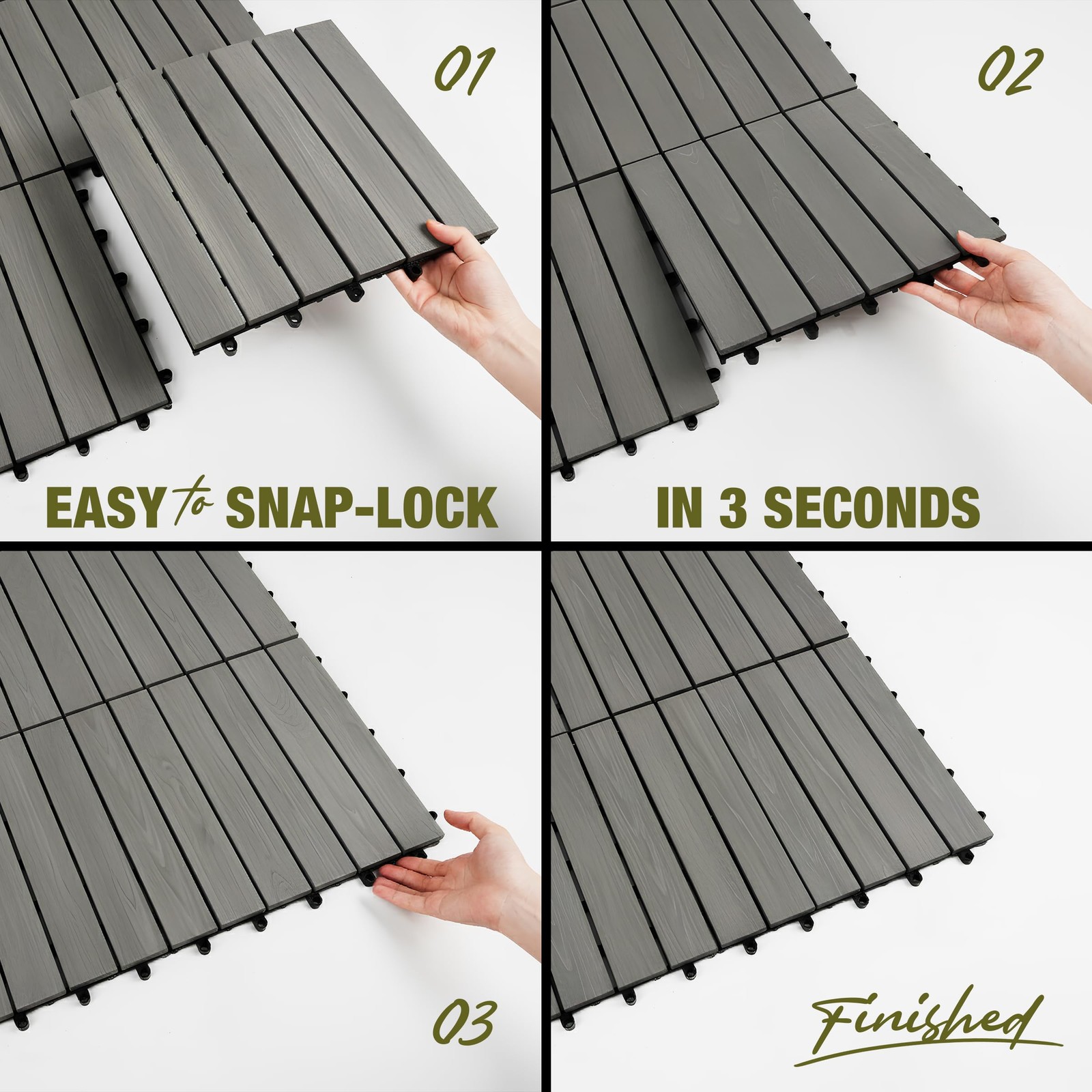 GREEN ALLUVIUM Premium Acacia Wood Interlocking Deck Tiles, 12×12 Inch, Gray