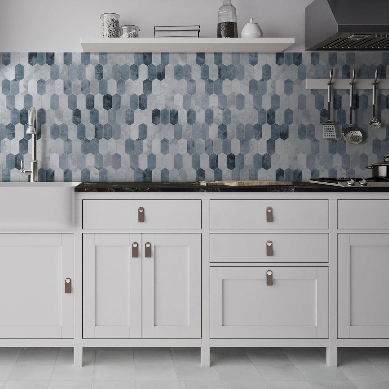 10-Sheet Peel and Stick Backsplash, 12″ x 11.5″ Blue Cement Long Hexagon Self…