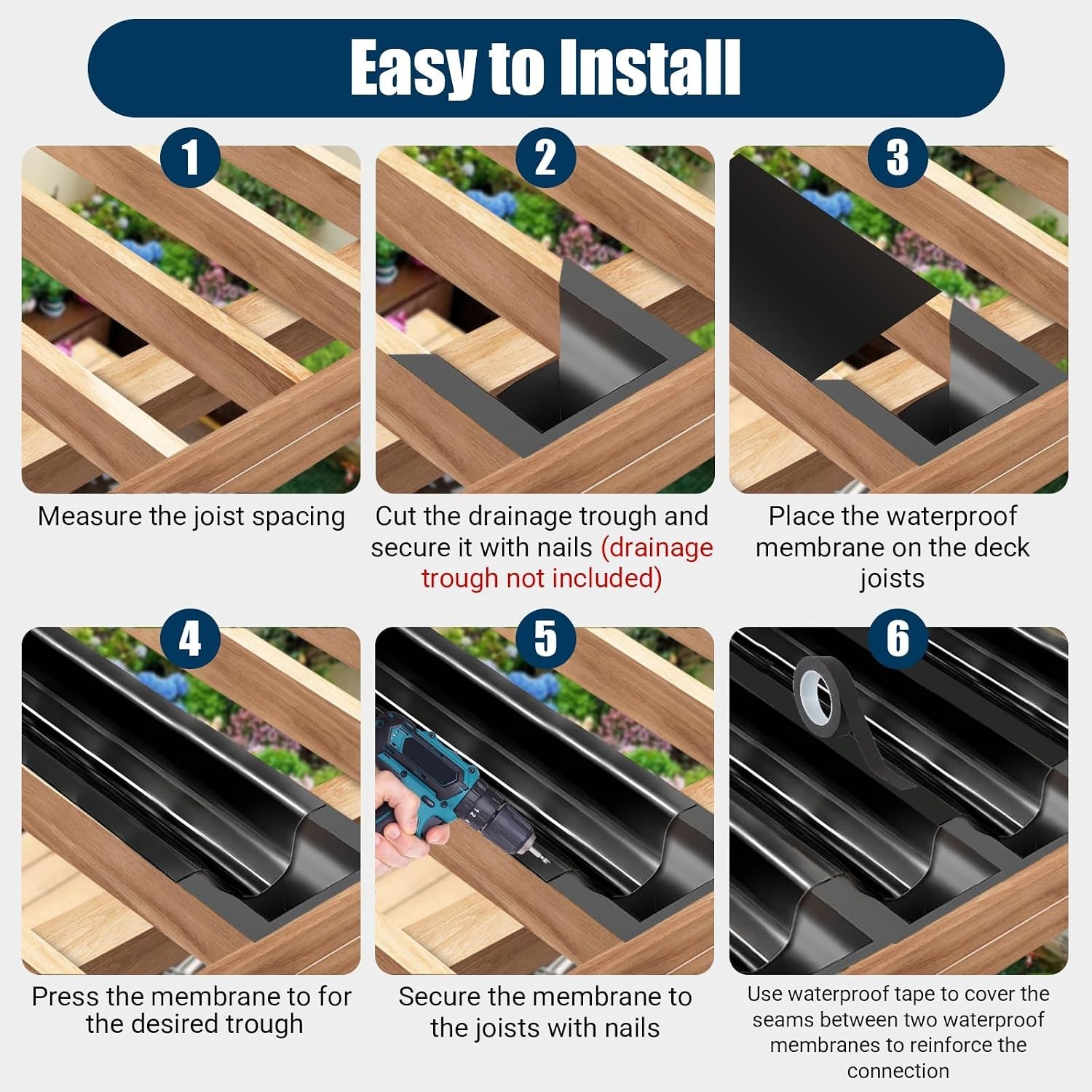 8PCS 16FT Black Under Deck Drainage System HDPE Waterproof Deck Trough Roll USA.