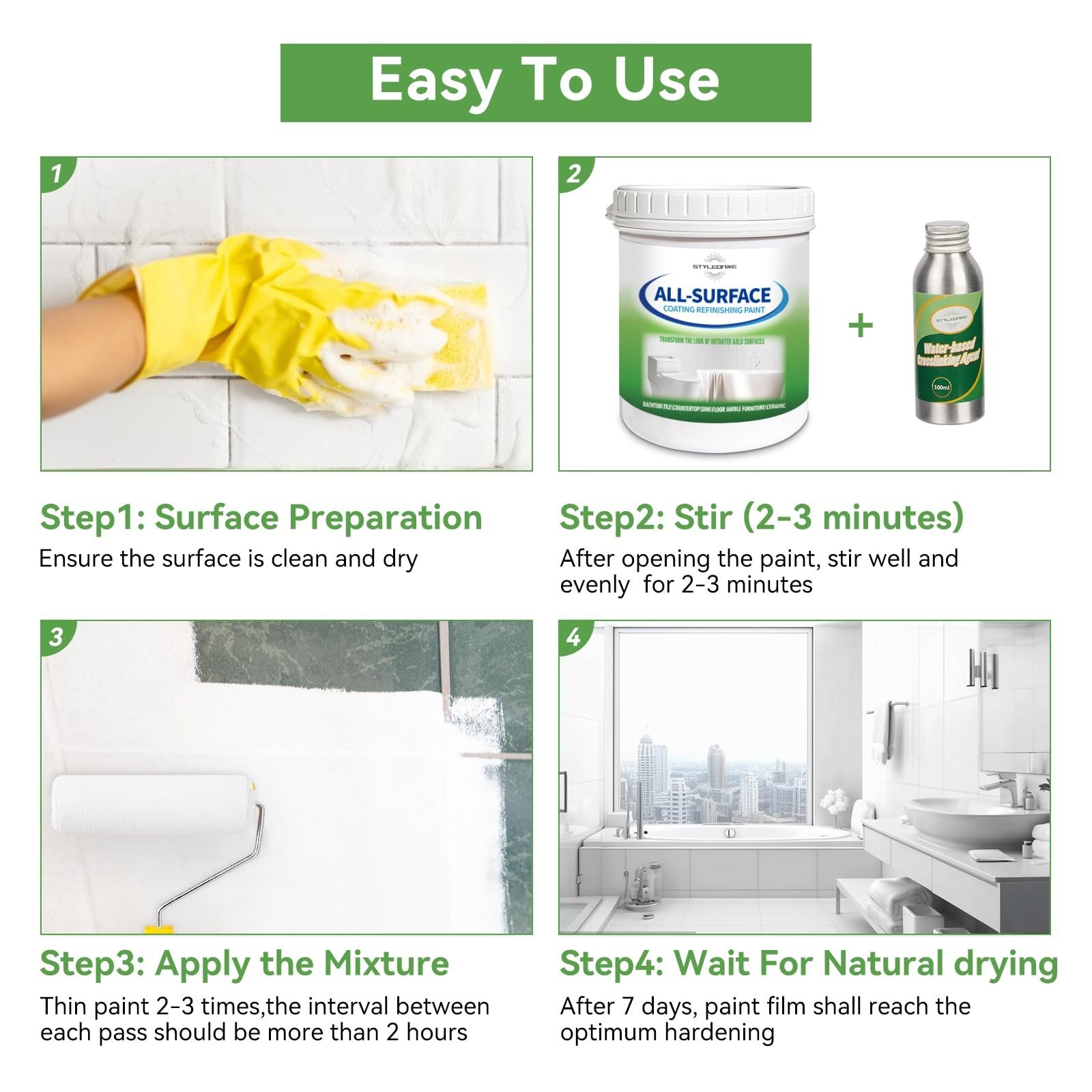 16 oz Waterbased White Tile Paint – Bathtub/Washbasin/Toilet/Countertop Refinish