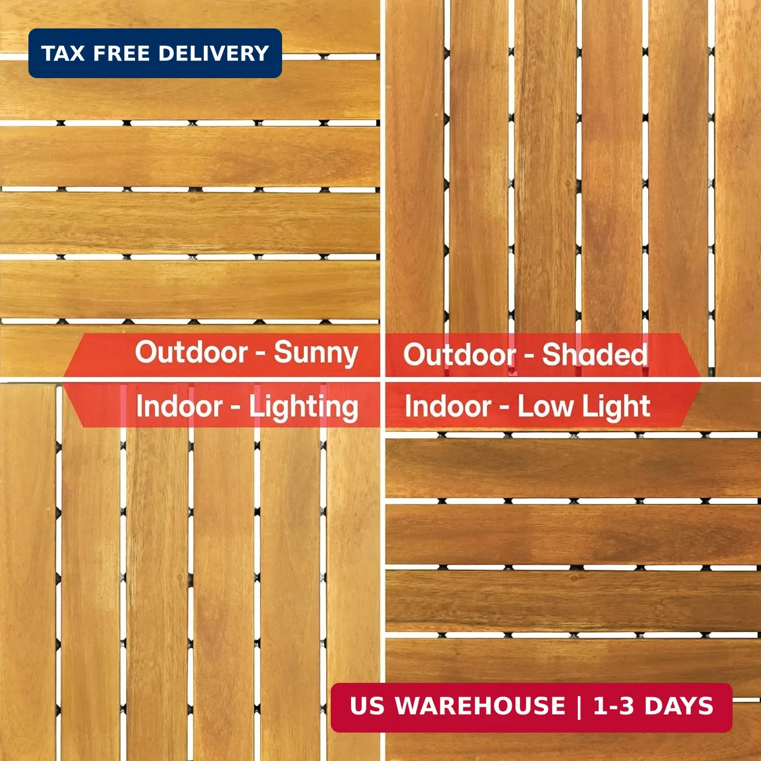 Tranquillo Interlocking Deck Tiles 12″x12″, Acacia Wood Patio Tiles, Waterproof