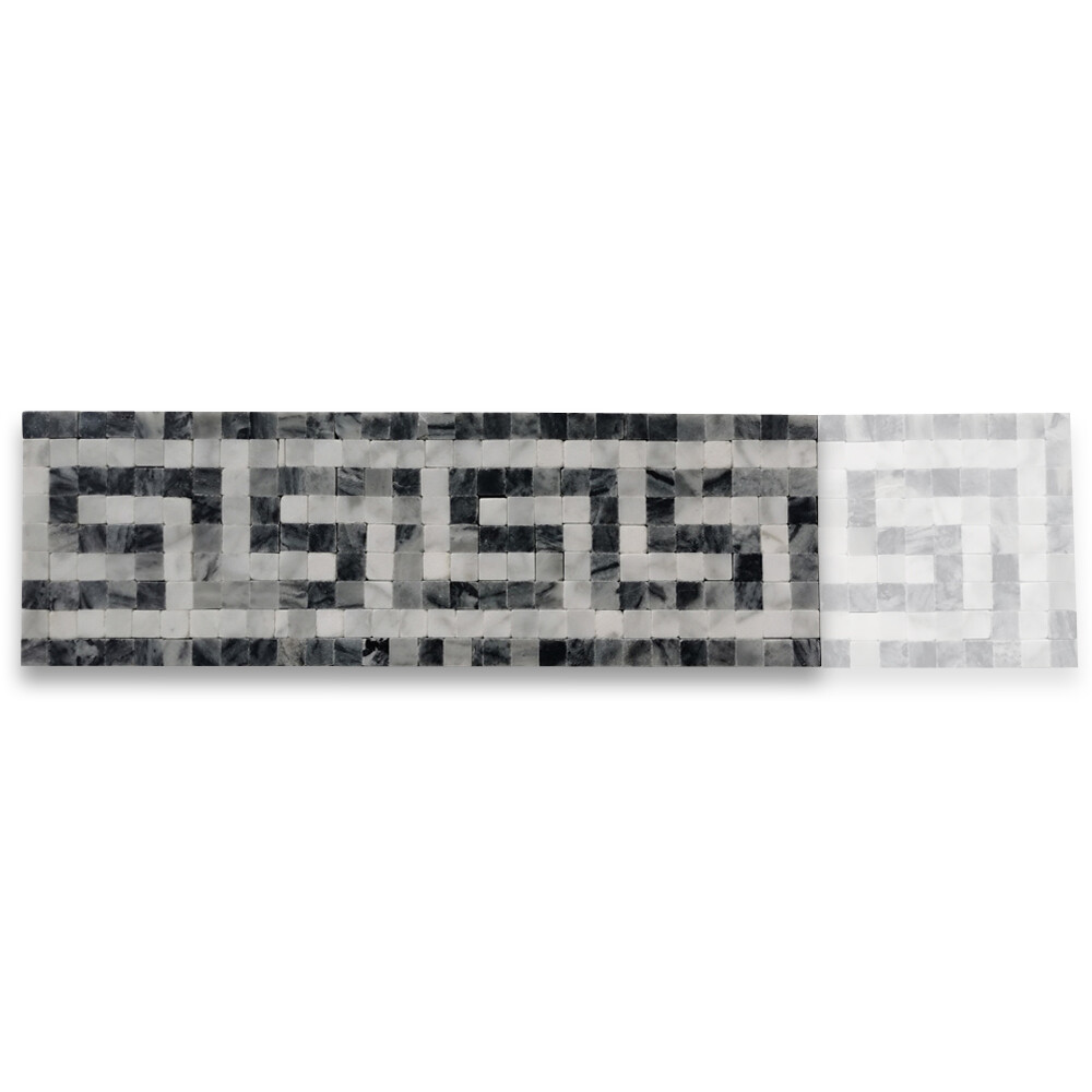 B0102P Carrara White Bardiglio Gray Marble Greek Key Mosaic Border Listello