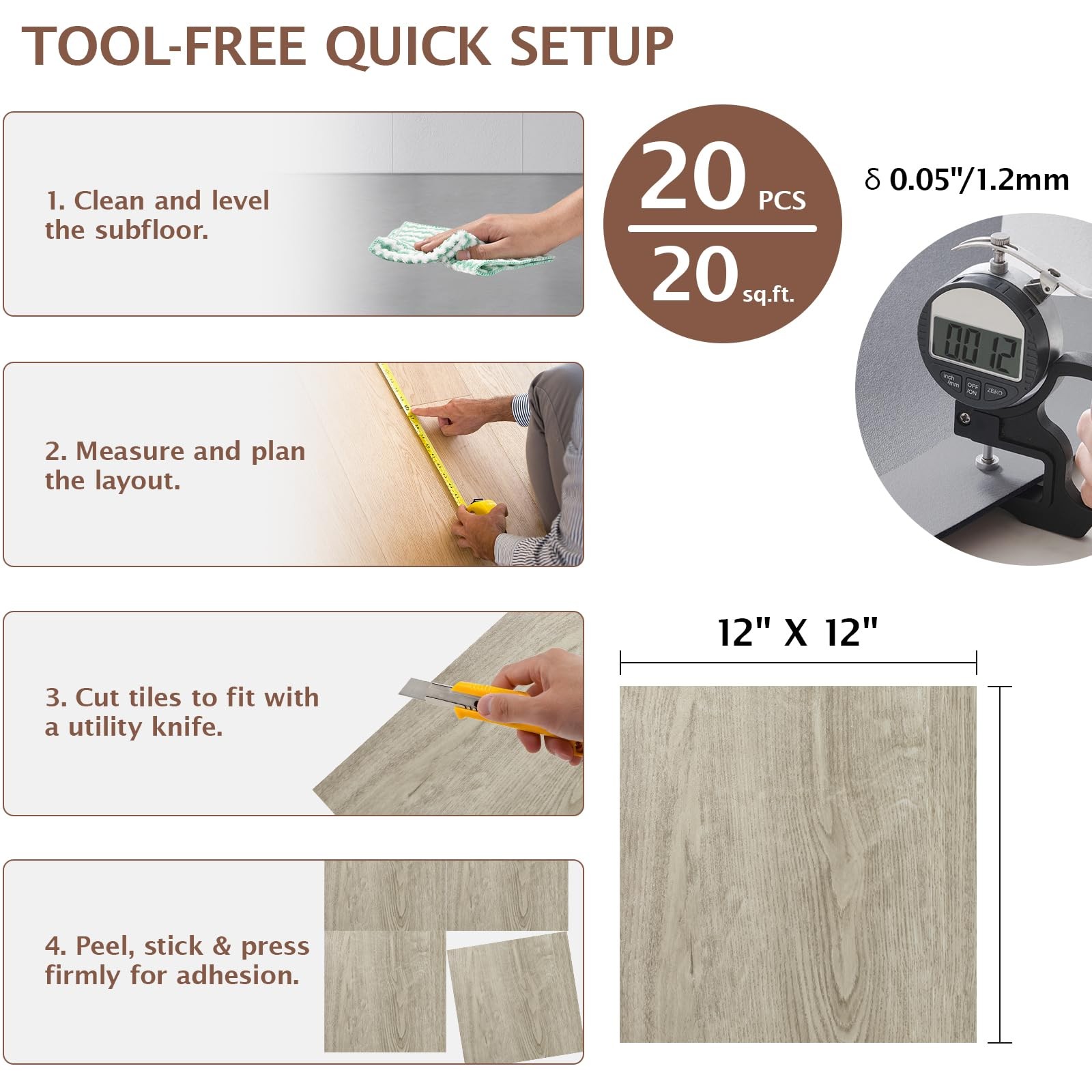 Peel and Stick Floor Tile, 20 Pcs 12″ x 12″ Waterproof Wood Grain Luxury Viny…