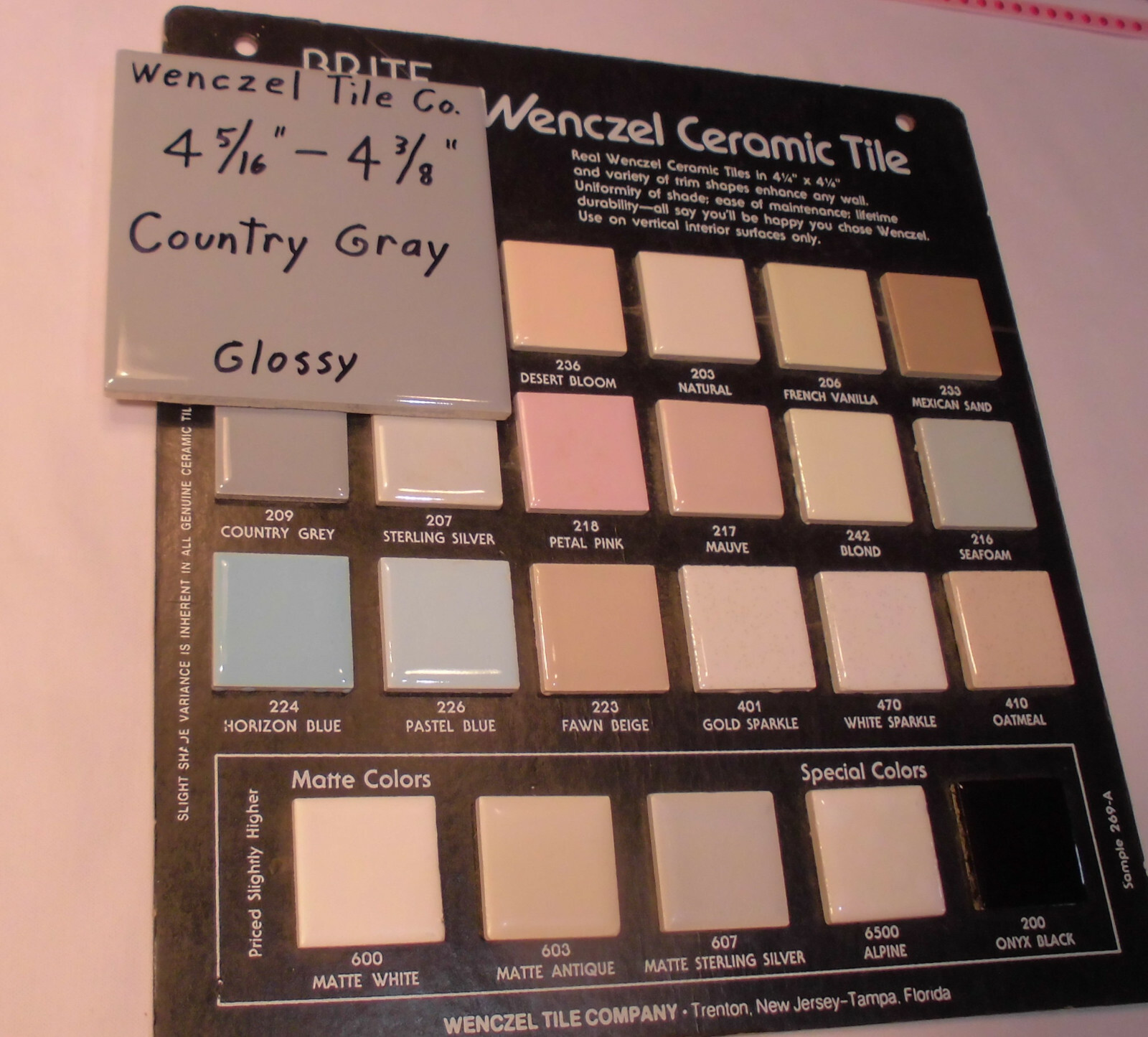 1 pc. *Country Gray* Glossy Ceramic Tile by Wenczel Tile Co. 4-5/16″- 4-3/8″