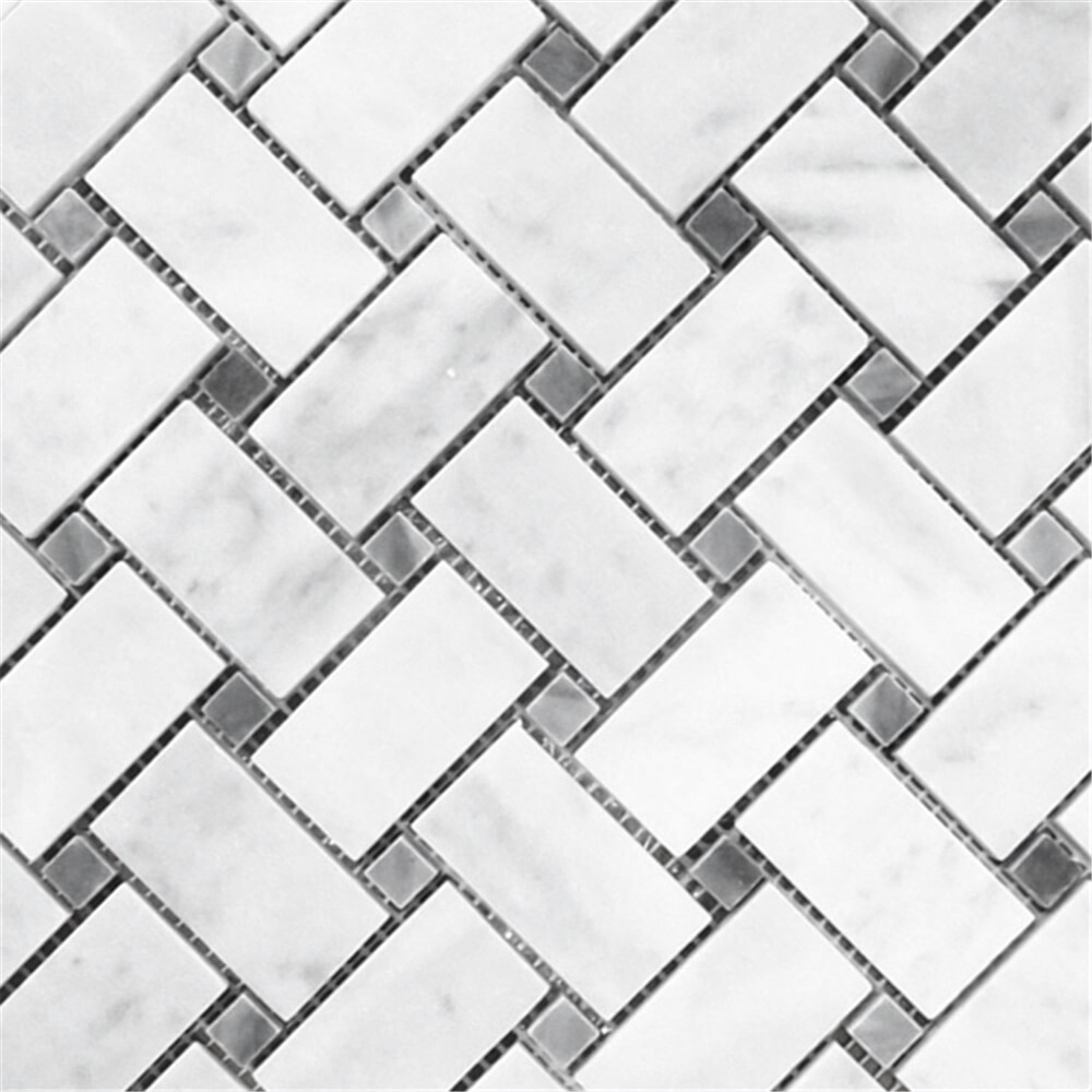 C657XH White Carrara Marble Basketweave Mosaic Tile Dark Gray Dots Honed