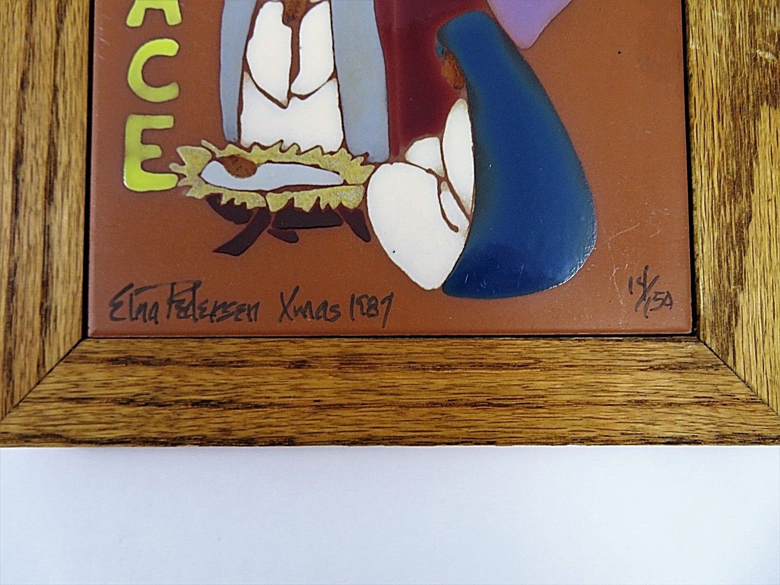 Pair Southwest Christmas Holy Family Oak Framed Clay Tile Wall Hangings Signed