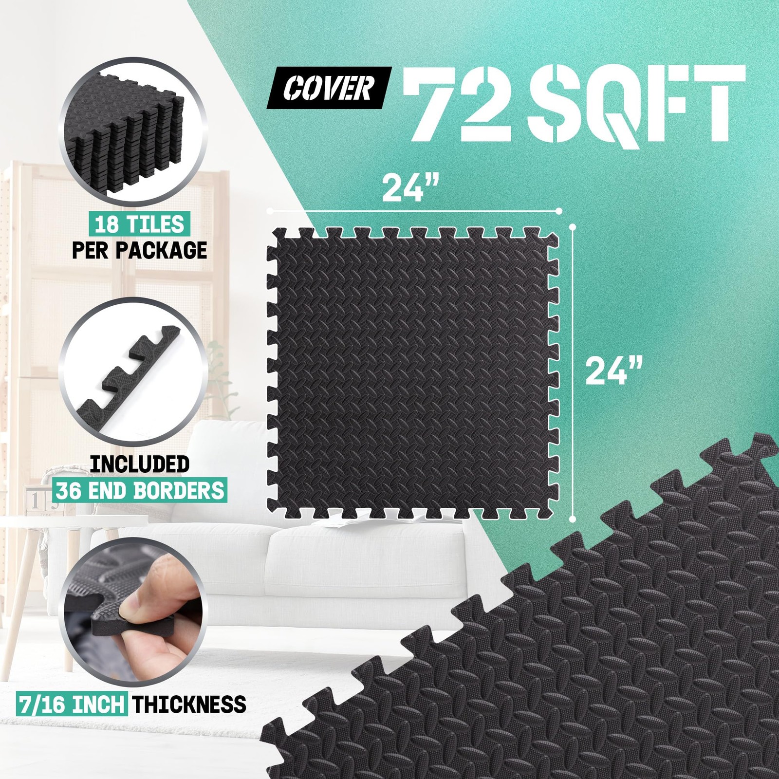 Yes4All EVA Interlocking Floor Mats Puzzle Foam Padding Border 72 SQFT