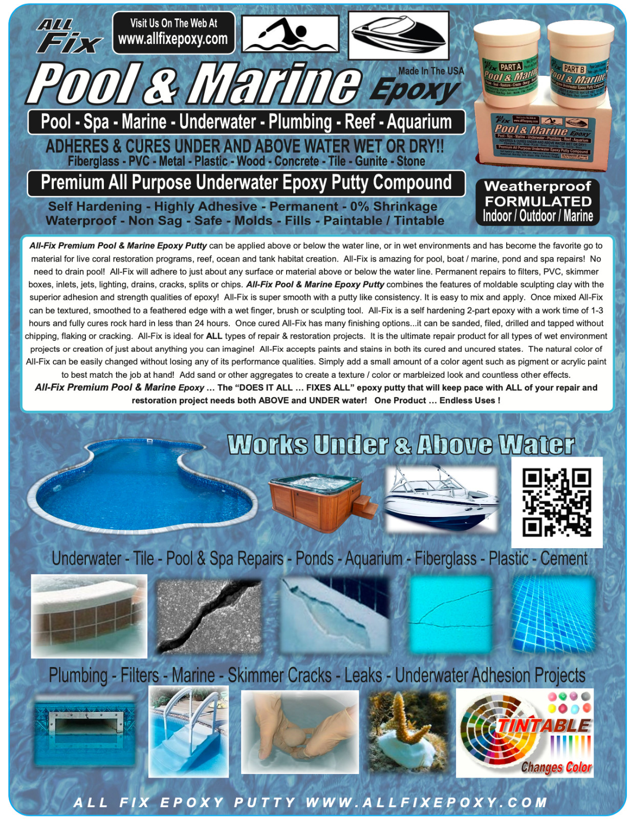 Pool All Fix H20 EPOXY PUTTY Repair MULTI USE Leaks Cracks Tile Stone Plastic