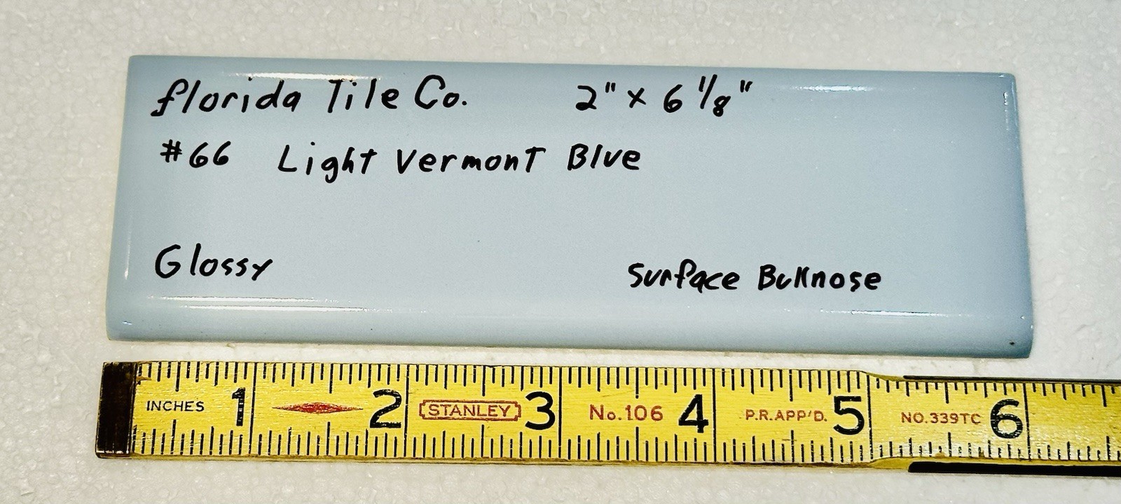 1 pc. Light Vermont Blue: 2″ x 6-1/8″ Bullnose Ceramic Tile by florida Co. NEW