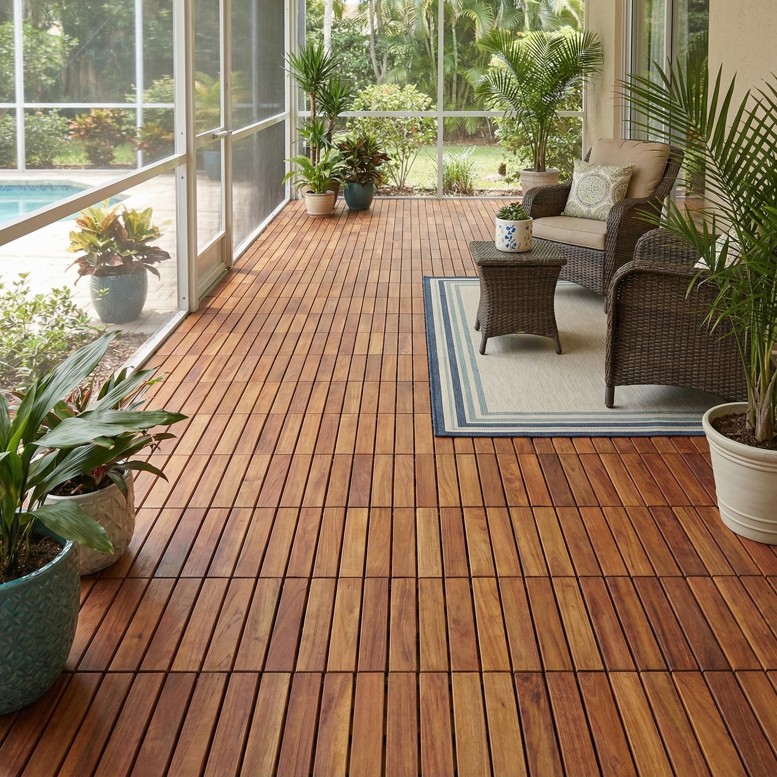 EZ-Floor Interlocking Flooring Tiles in Solid Teak Wood Oiled Finish (Set of …