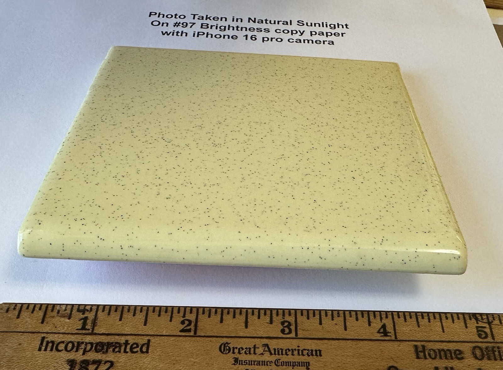 1 pc. Speckled Yellow Color: 4-1/4″ Glossy Ceramic Bullnose Tile, by Oxford Co.