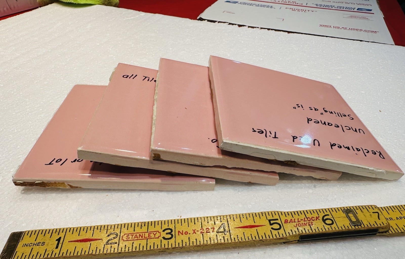 4 Corallin Pink Ceramic Tiles: by Wenczel Co. Used; all uncleaned & needs work