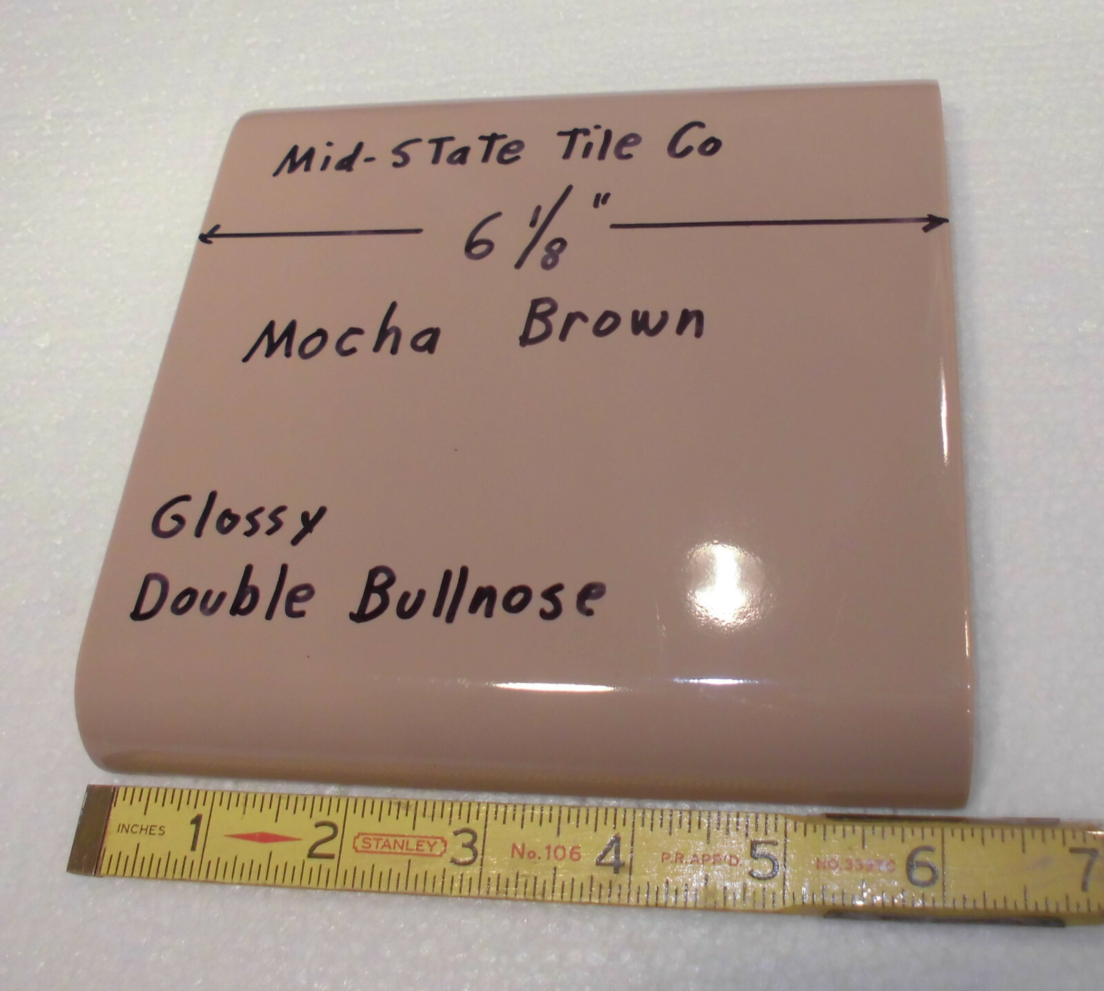 1 pc. Mocha – Brown 6″ x 6″ Double Radius Bullnose Glossy Ceramic Tile: NOS