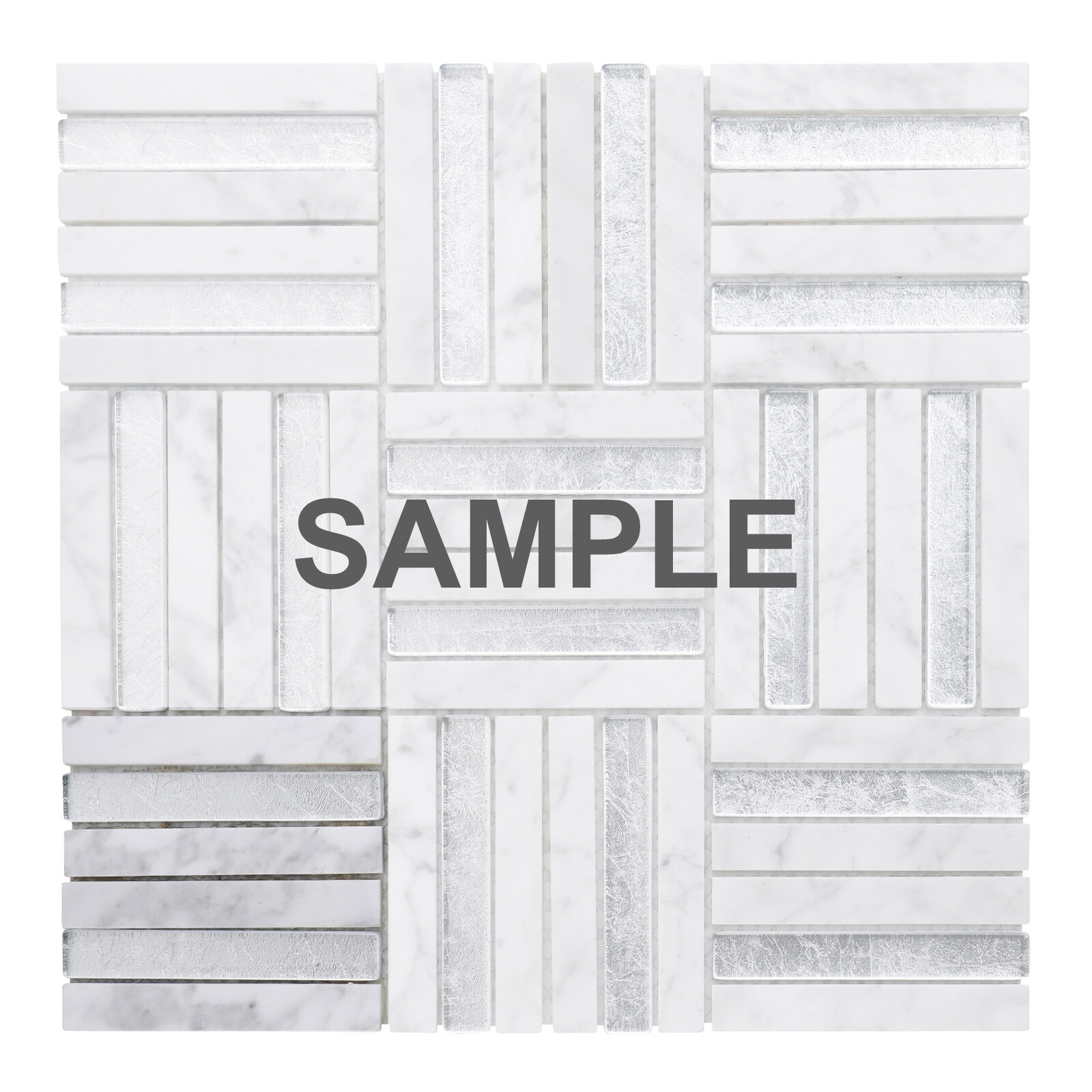 White Calacatta Marble Stone Silver Glass Insert Parquet Mosaic Tile Backsplash