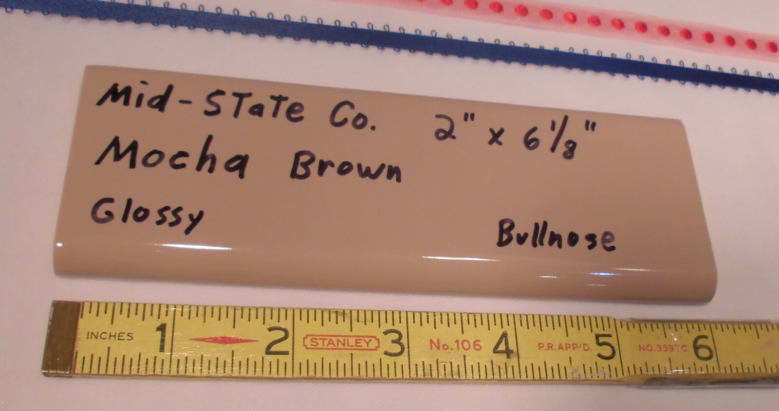 1 pc. Glossy *Mocha Brown* 2” X 6” Bullnose Surface Ceramic Tile by MID-STATE
