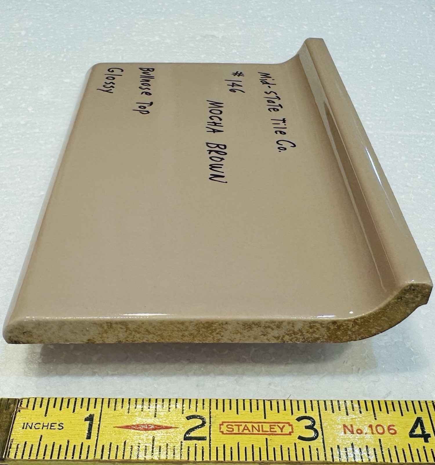 1 pc. Mocha/Brown Cove-Base Ceramic Tile 4″ X 6″ Mid-State, Glossy, Bullnose Top