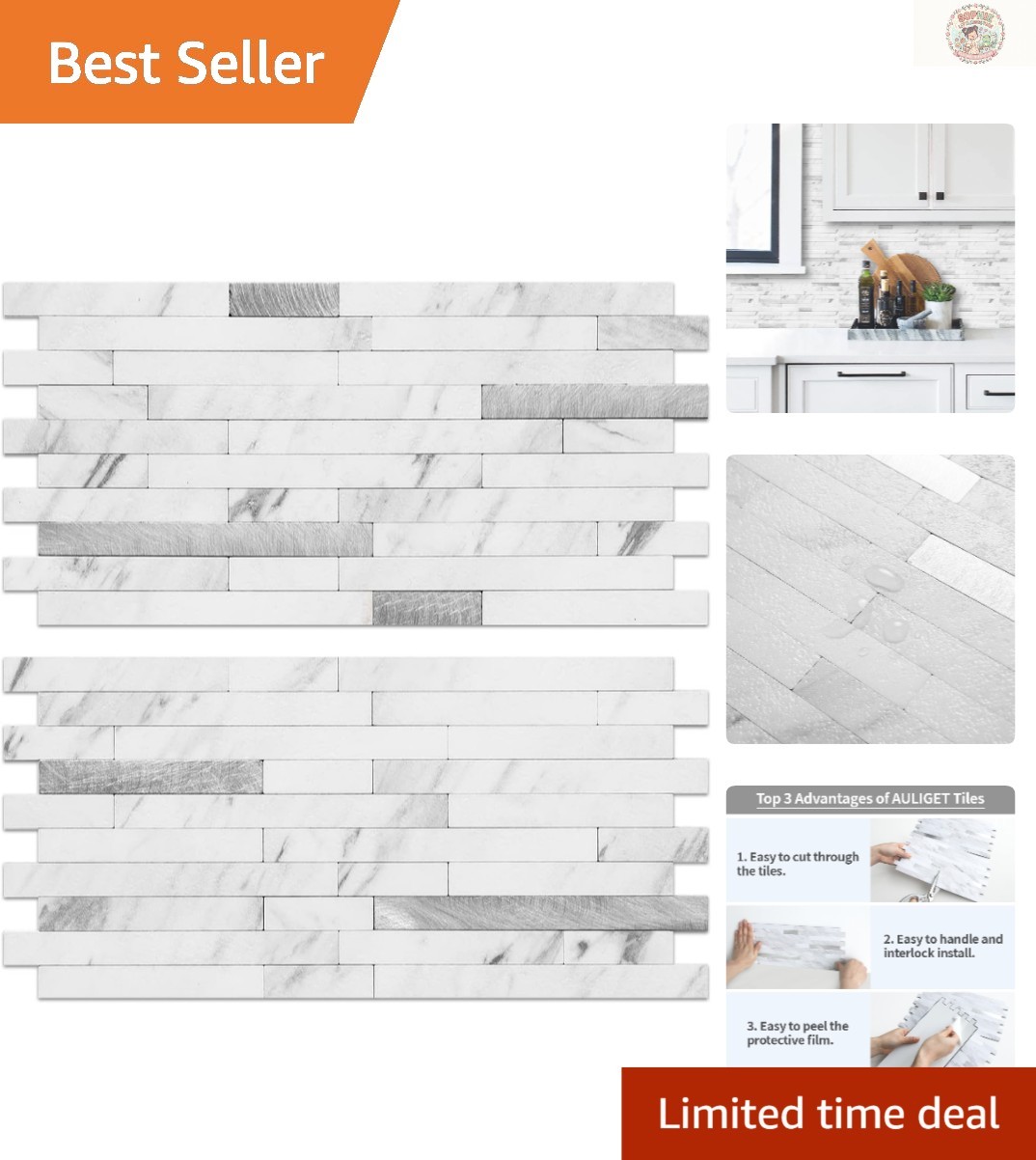 Waterproof White Marble Look Tiles – 20 Pack Stacked Design for Kitchens & Baths