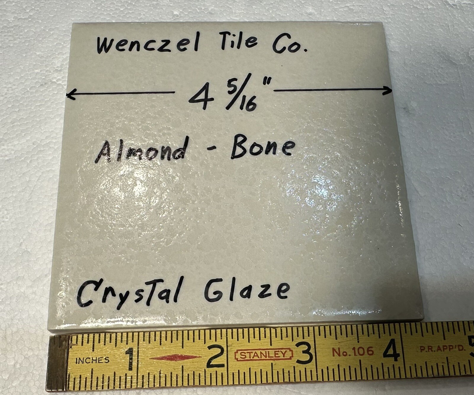 1 pc. *Almond – Bone* Crystal Glaze; Ceramic Tile by Wenczel Co. 4-5/16″ NOS
