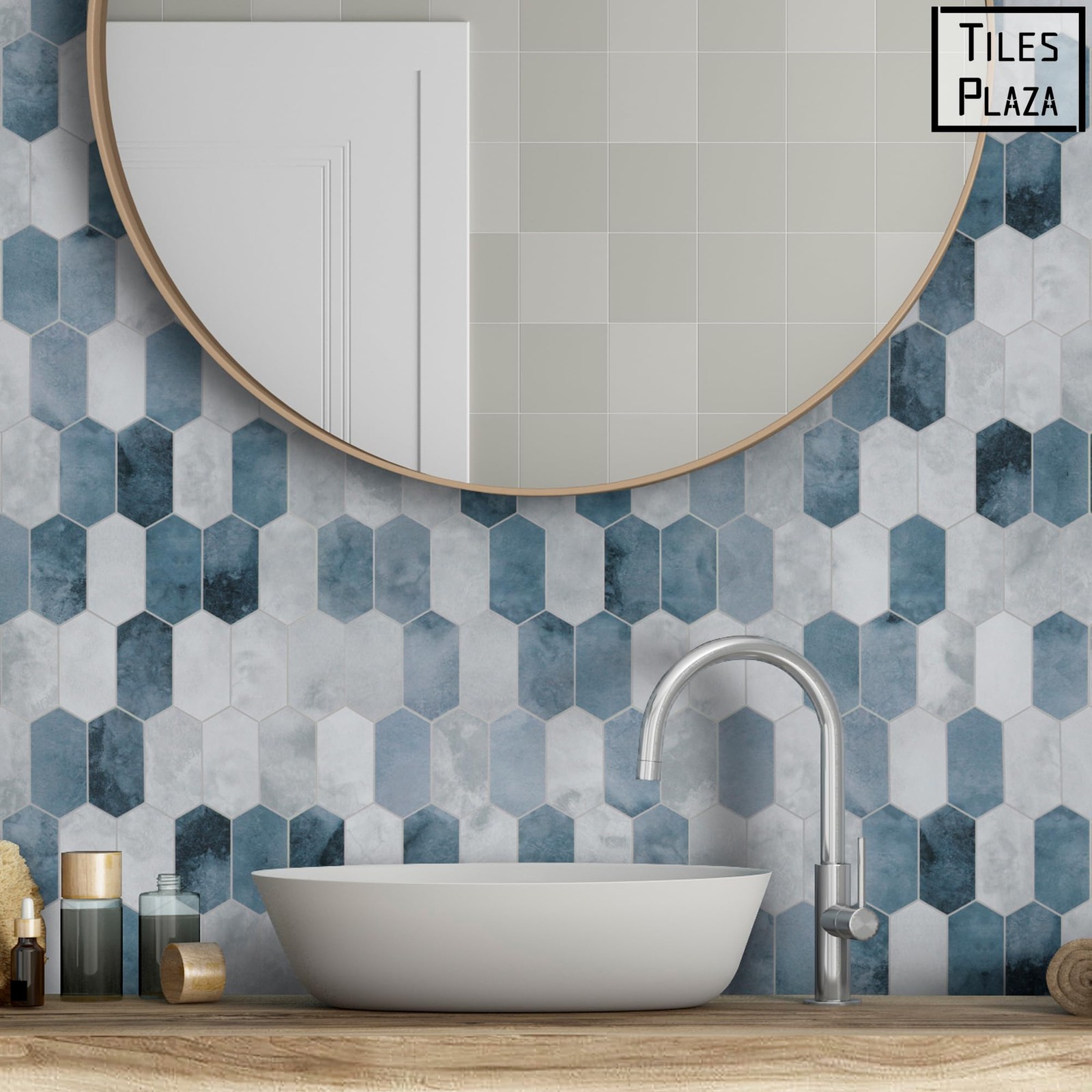 10-Sheet Peel and Stick Backsplash, 12″ x 11.5″ Blue Cement Long Hexagon Self…