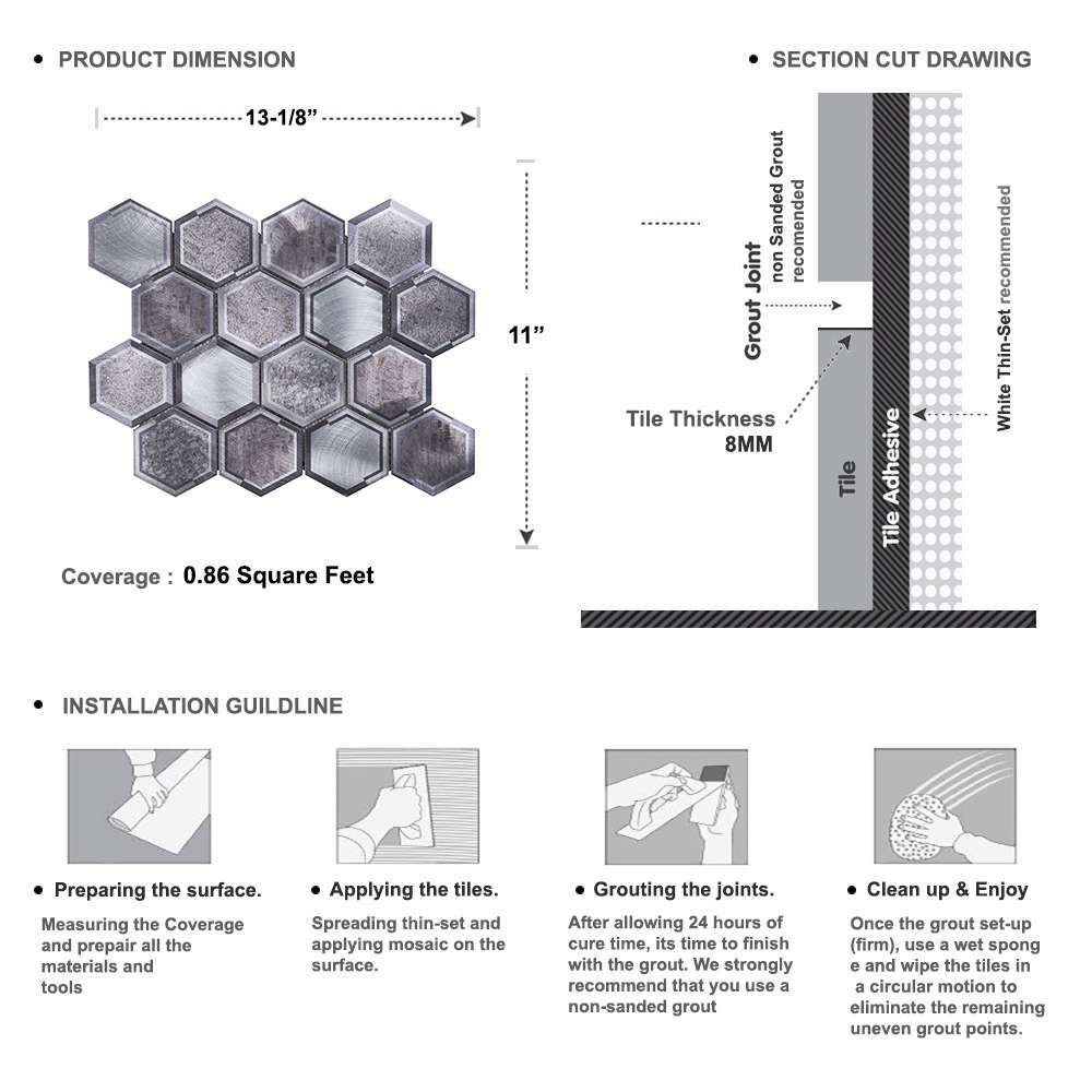 Gray Aluminum Antique Metallic Metal 2.5″ Hexagon Mosaic Tile Kitchen Backsplash