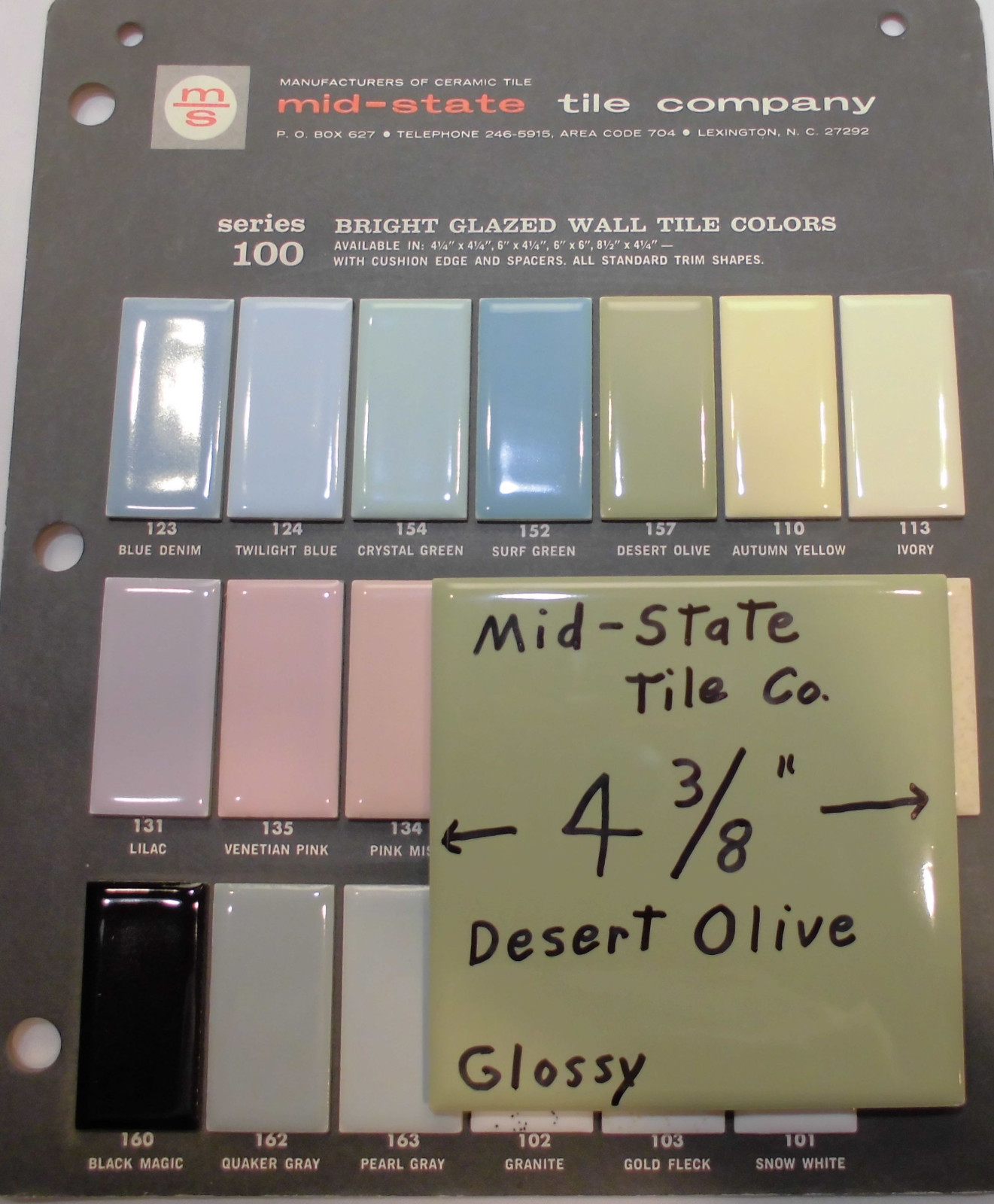 1 pc. *Olive Green Avocado* Glossy Ceramic Tiles by Mid-State Co…4-3/8″ NOS