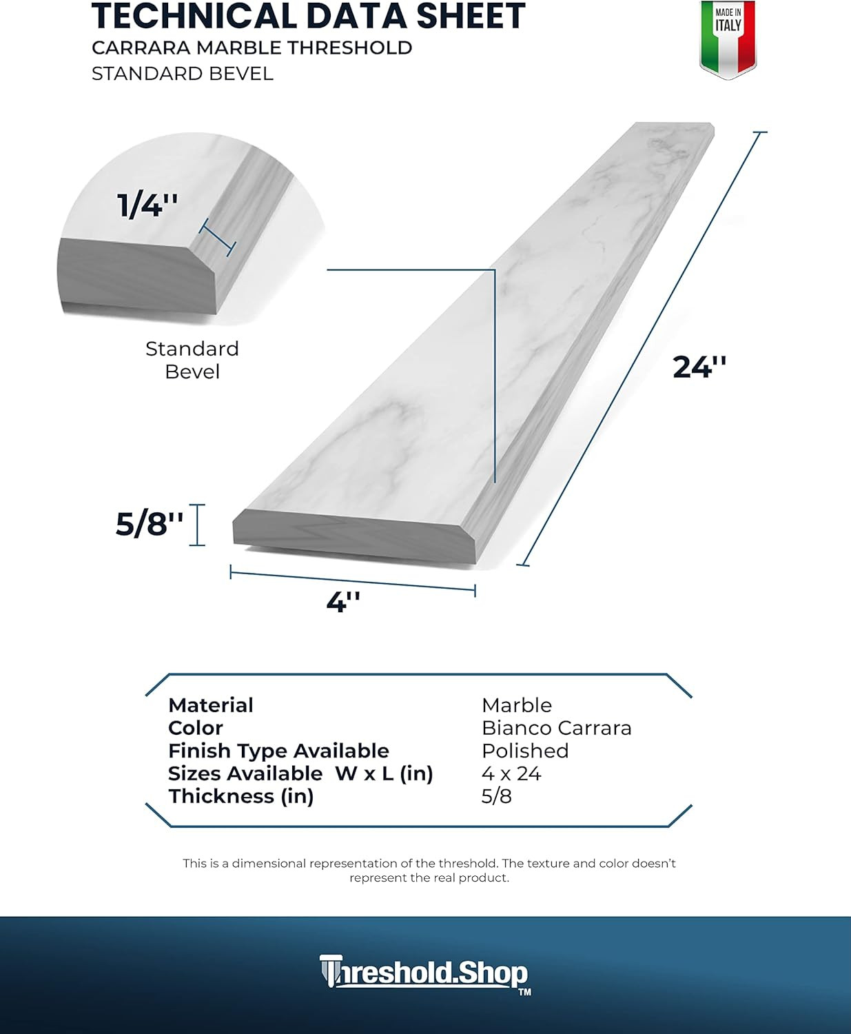 Italian White Carrara Polished Marble Threshold – 4″ x 24″ Double Bevel
