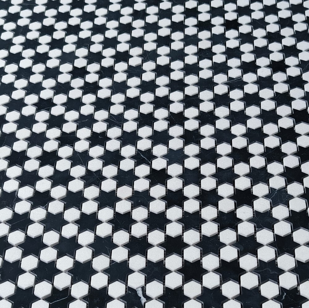 T31G1XH Thassos White Marble Starry Night Hexagram Hexagon Mosaic Tile Black
