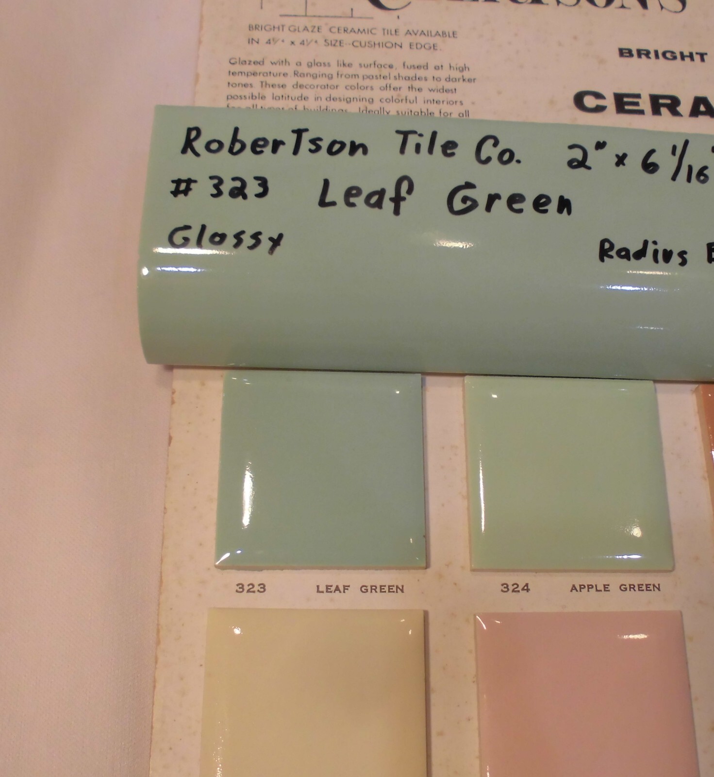 1 pc. Leaf Green: 2″ X 6-1/16″ Glossy Ceramic Radius Bullnose Tile: Mudd Caps,