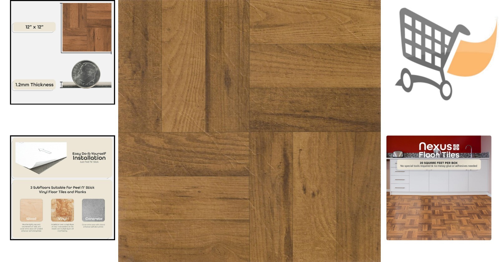 Vinyl Floor Tiles 12×12 Inch Peel & Stick Wood Look DIY Kitchen Bathroom