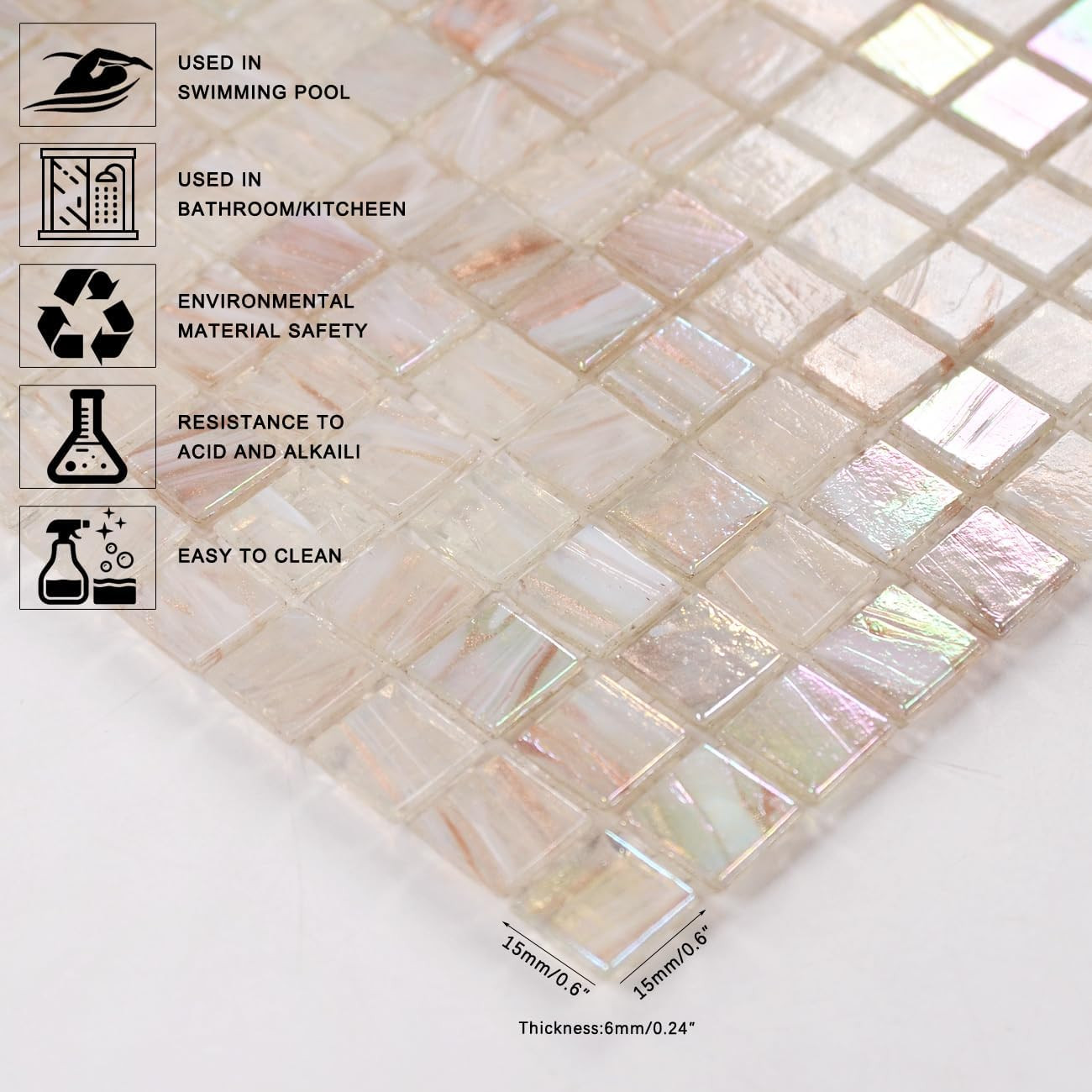 Translucent Iridescent Glass Mosaic Tile – 5.75 Sq.Ft for Backsplash & Pools
