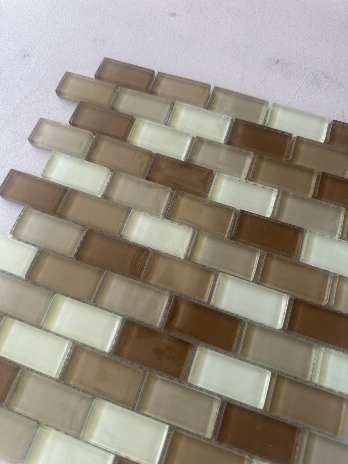 Light Beige 1×2 inch Mix Glossy Glass Mosaic Offset Mesh Mounted