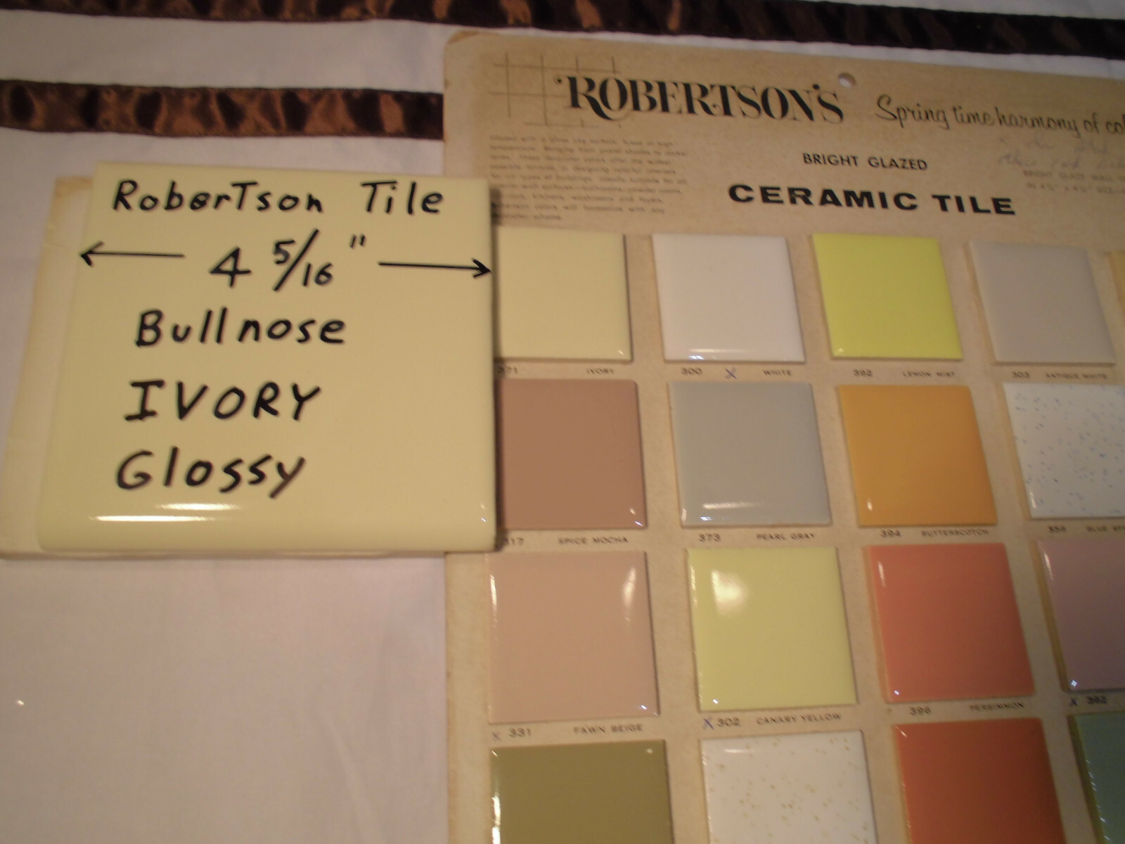 1 pc. Ivory- Light Yellow: 4-3/8″ Glossy Ceramic Bullnose by Robertson Tile Co.