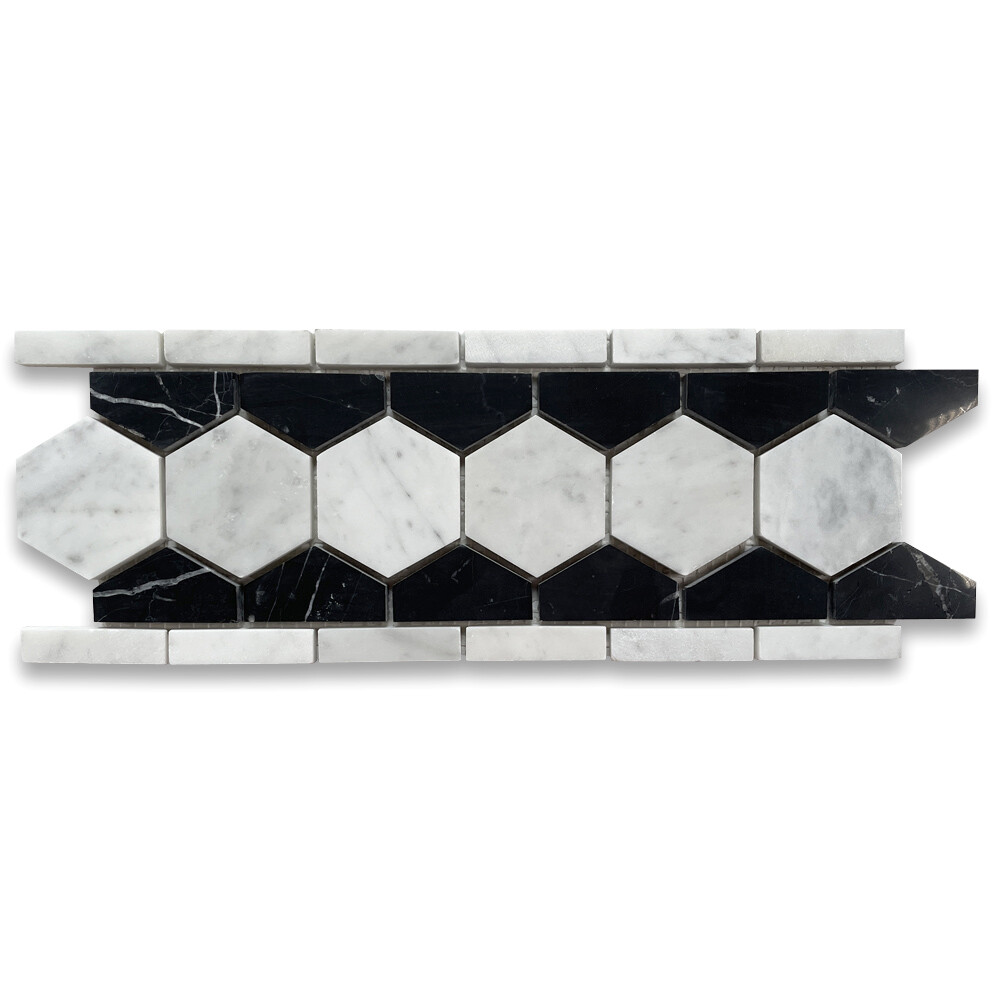 C32B2XP Carrara Marble 2″ Hexagon Mosaic Border Listello White Black Polished